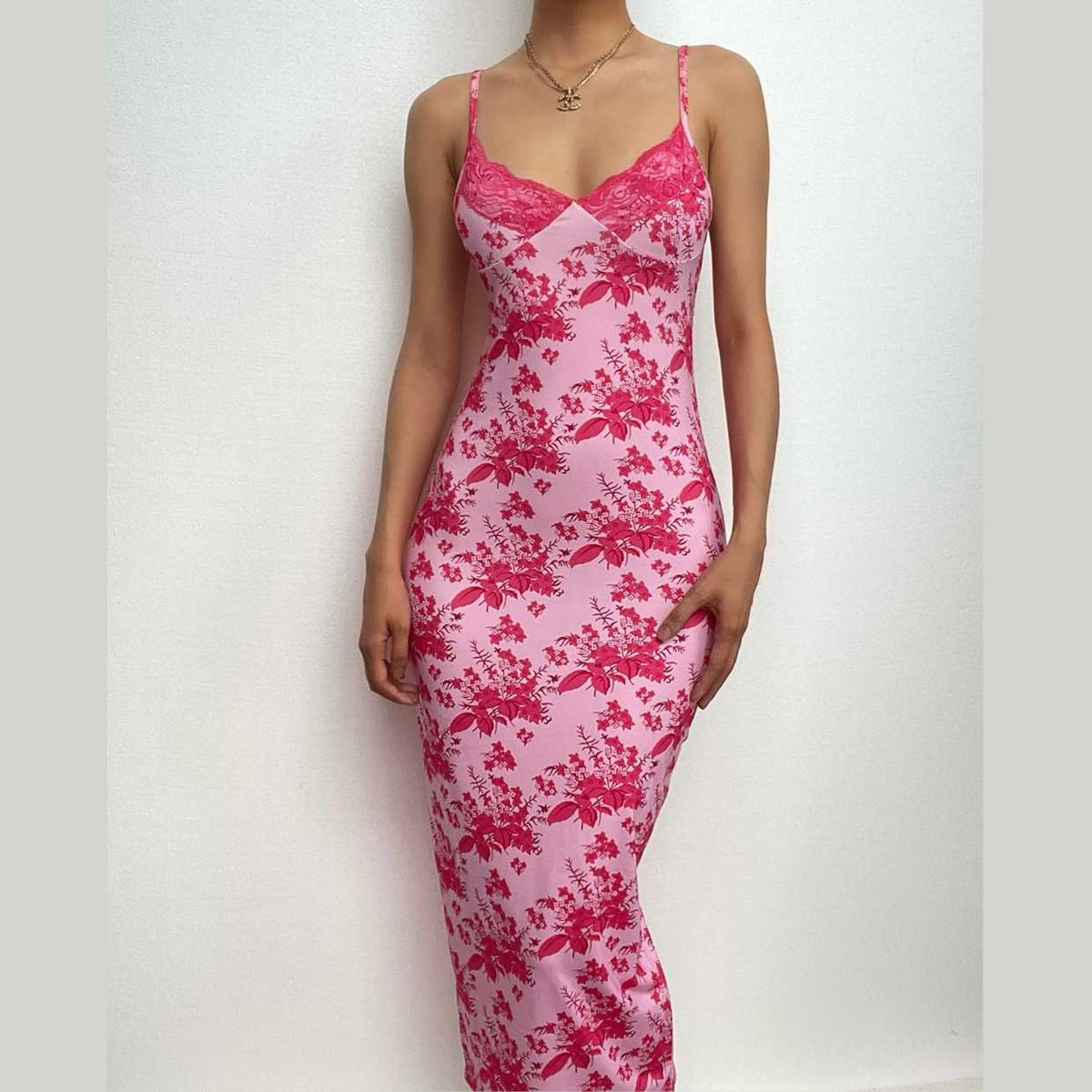 Floral Print Lace Trim V-Neck Spaghetti Strap Bodycon Midi Dress - View 2