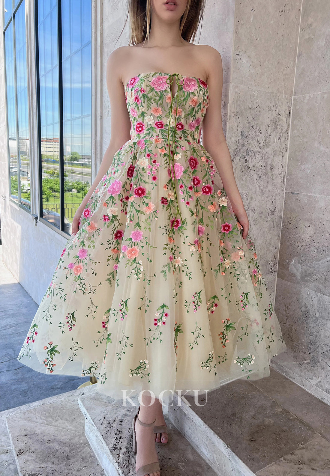 A-Line Strapless Floral Embellished Tea-Length Prom Dresses