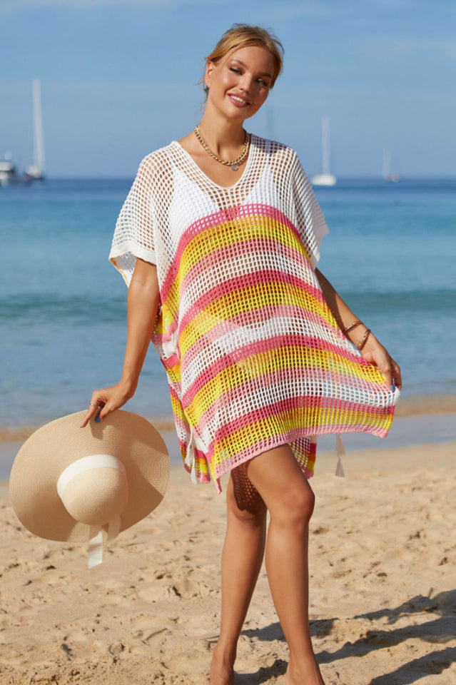 Rainbow Stripe Openwork Slit Cover Up - Fashionpara