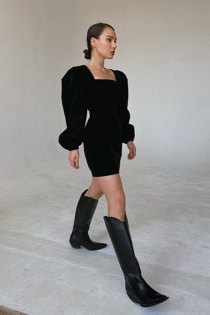 Vintage Puff Sleeve Velvet Black Mini Dress