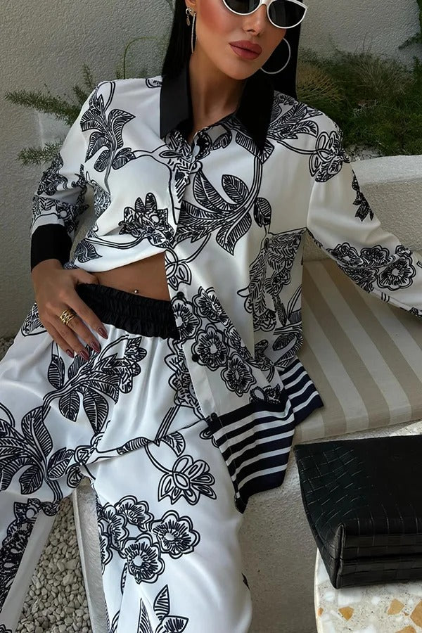Sofia Contrast Color Flowers Print Long Sleeve Shirt and Elastic Waist Pocketed Pants Set - Fashionpara