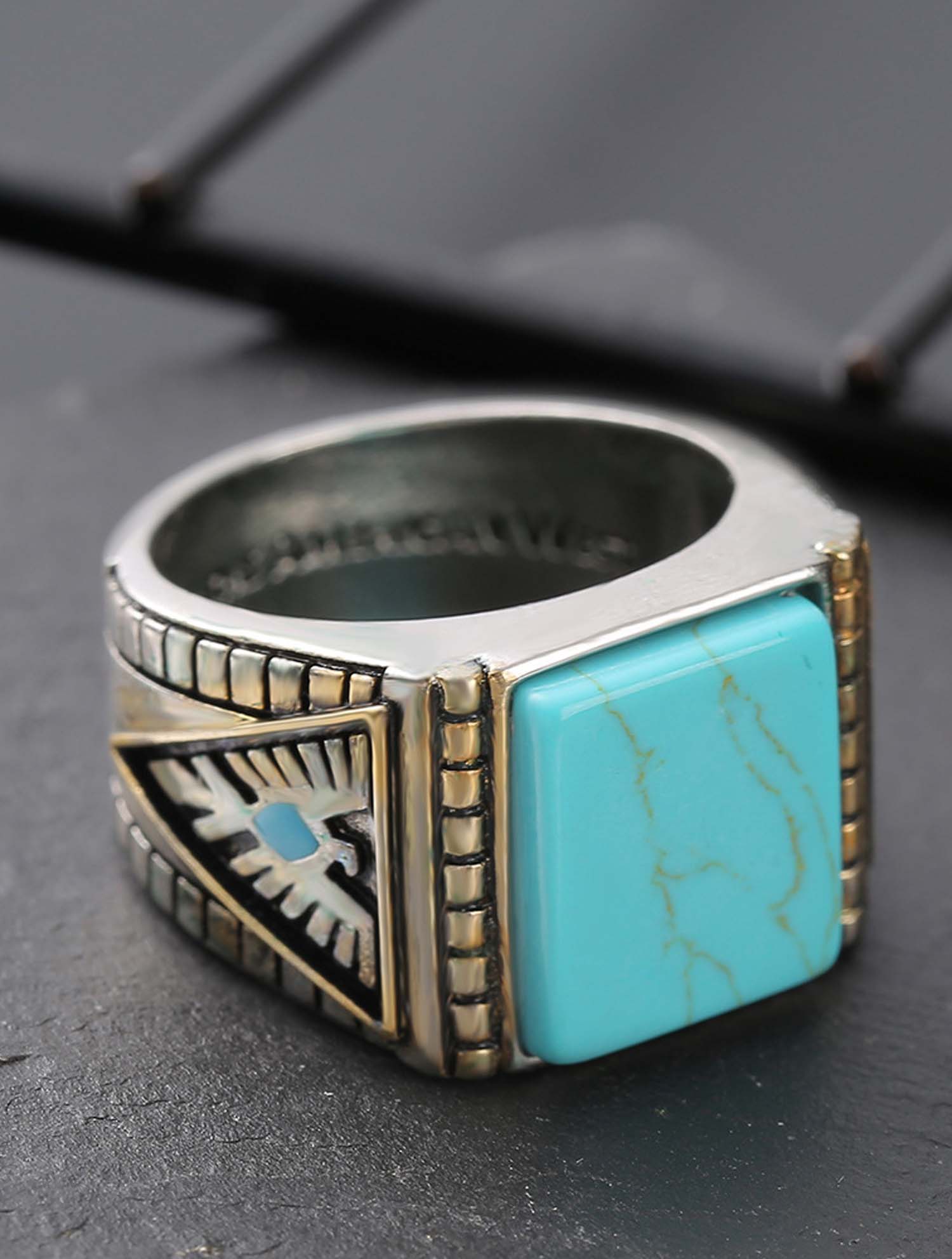 Bohemia Indian Mythical Animal Western Thunderbird Feather Turquoise Ring