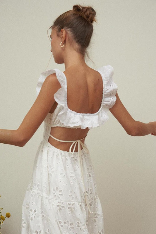 Eyelet Ruffle Strap Shirred Waist Tiered Maxi Dress