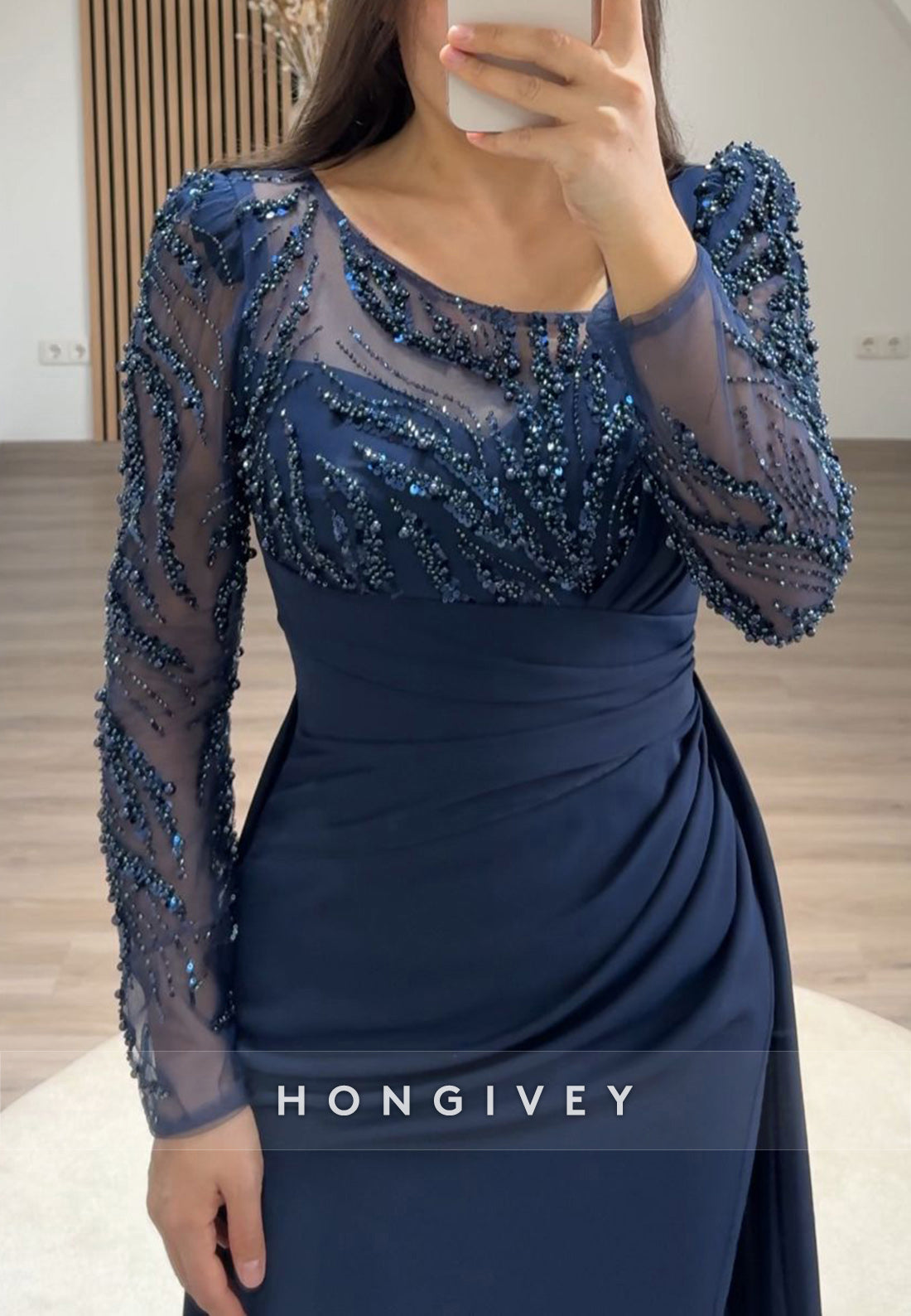 Pleated Beading Long Sleeve Illusion Neck Sweep Train Formal Dresses
