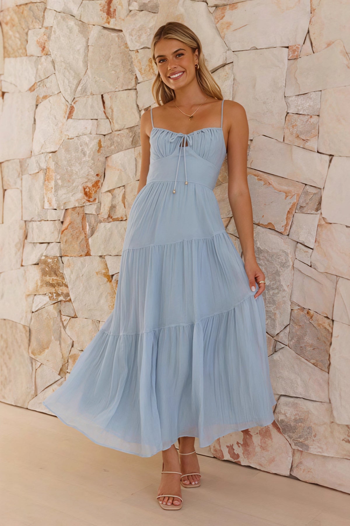 Chiffon Sweetheart Tie Front Tiered Maxi Dress