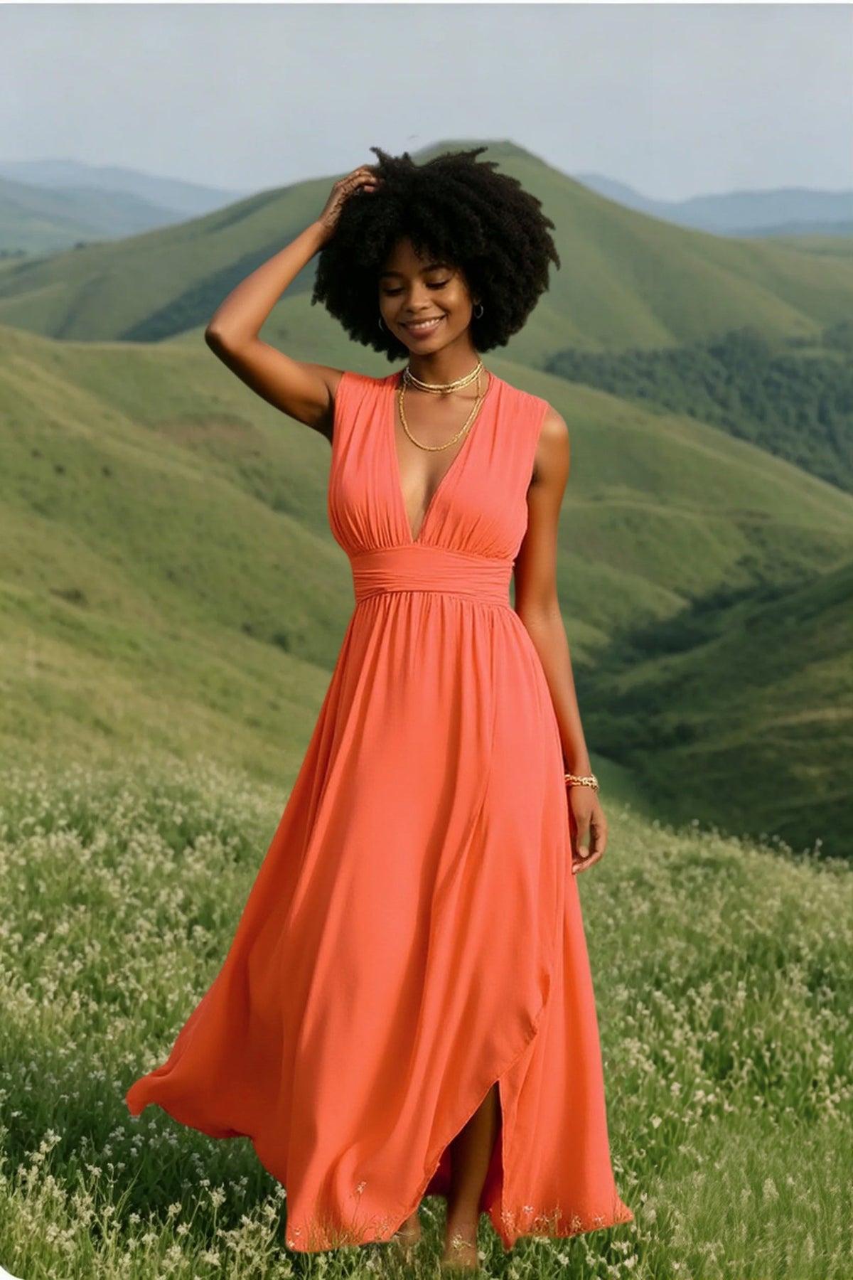 Chiffon Deep V-Neck Sleeveless Slit Maxi Dress