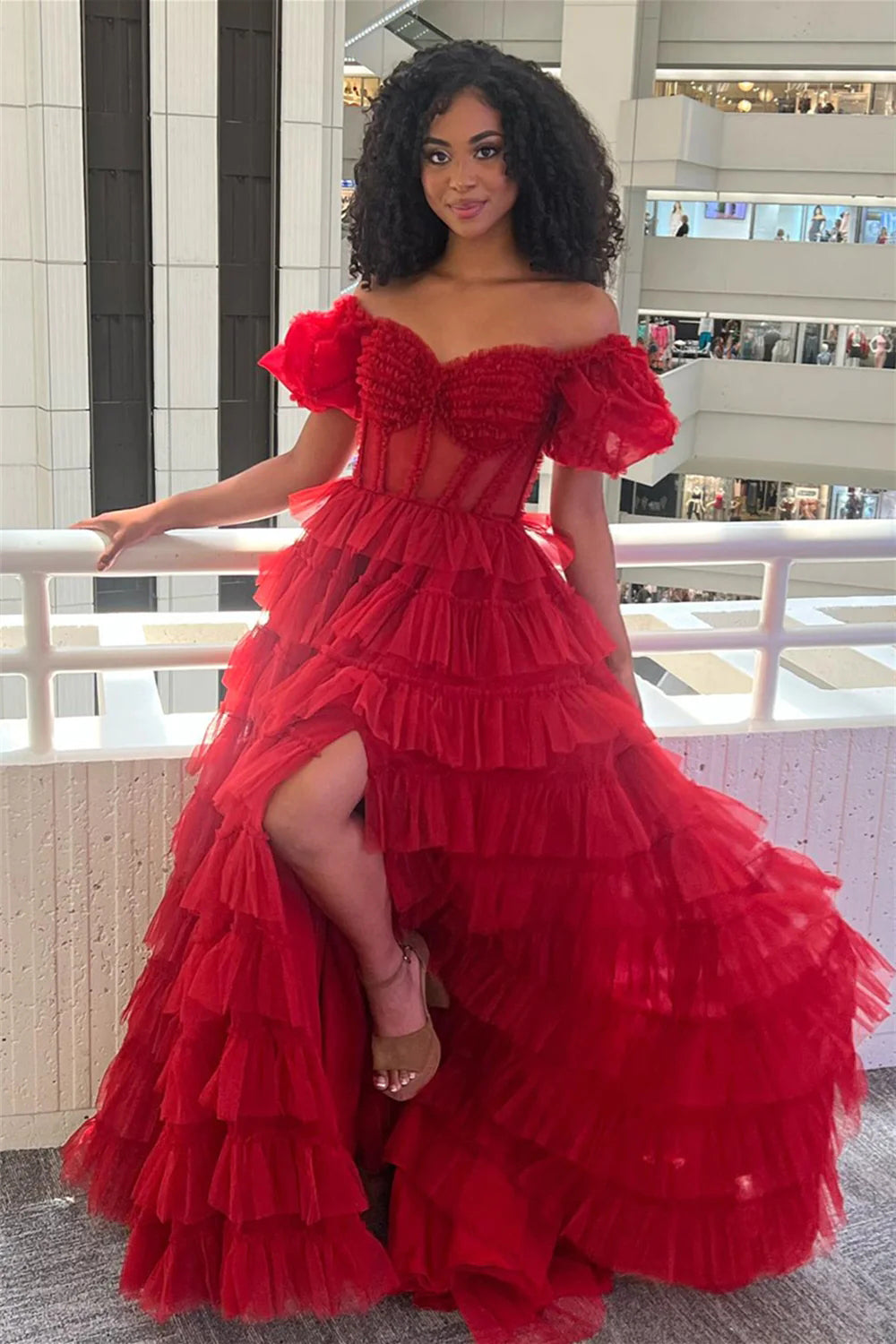 Charming A Line Off the Shoulder Red Corset Prom Dress with Ruffles