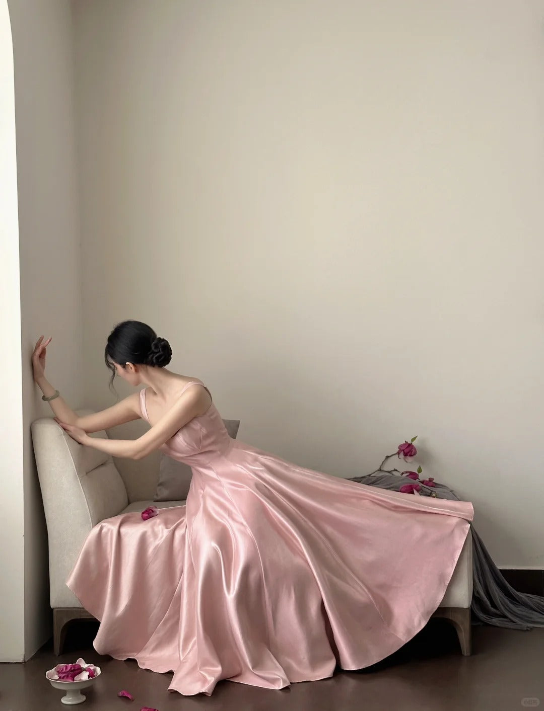 Elegant Pink A-line Square Neck Strap Satin Long Prom Dress Evening Dress P4025