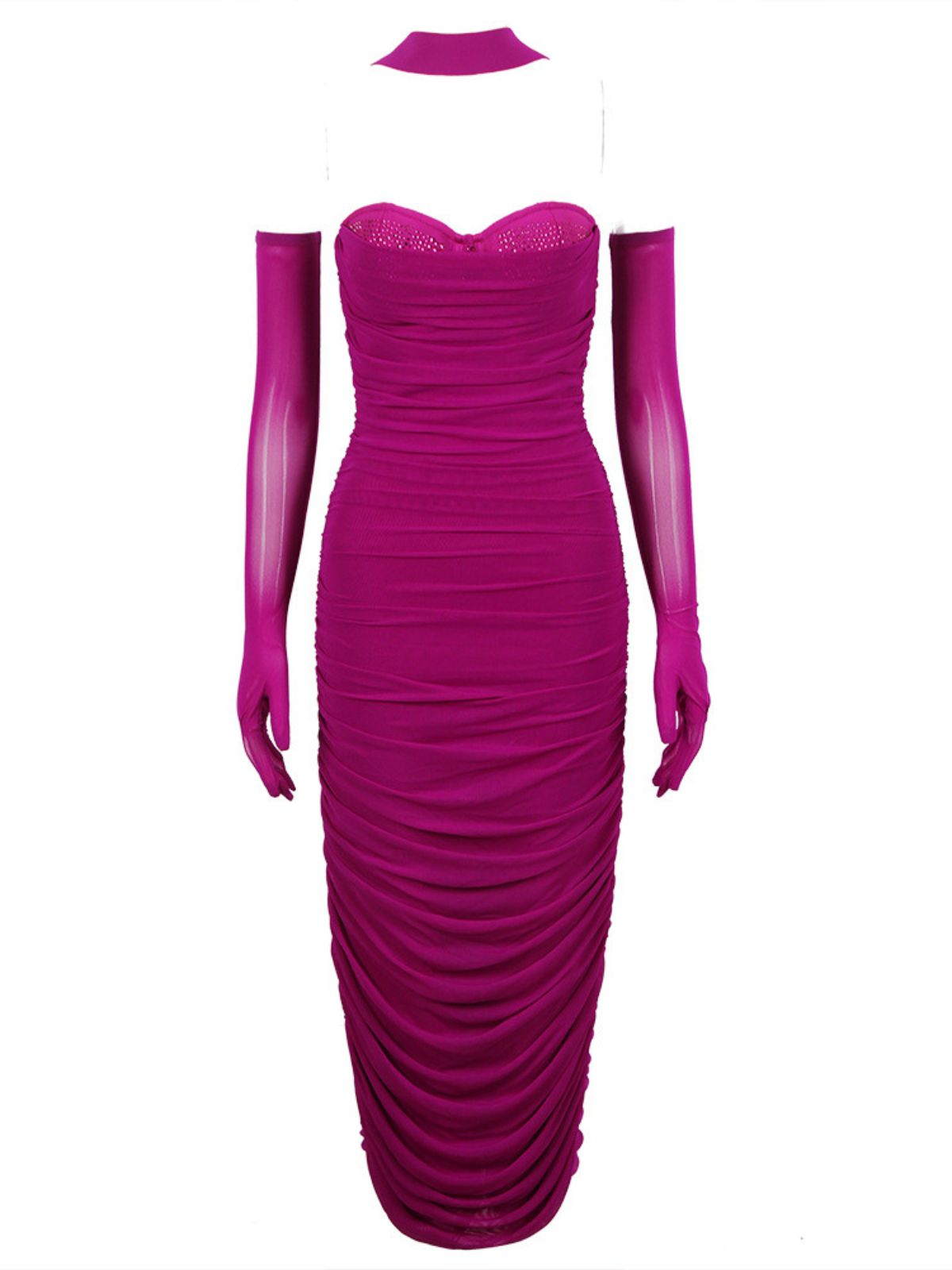 Strapless Boned Ruched Mesh Bodycon Midi Dress 6