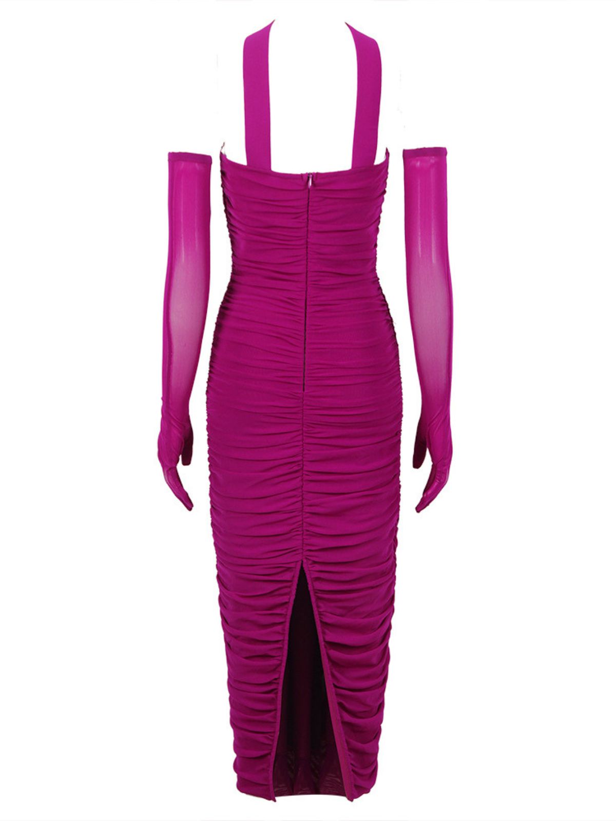 Strapless Boned Ruched Mesh Bodycon Midi Dress 7