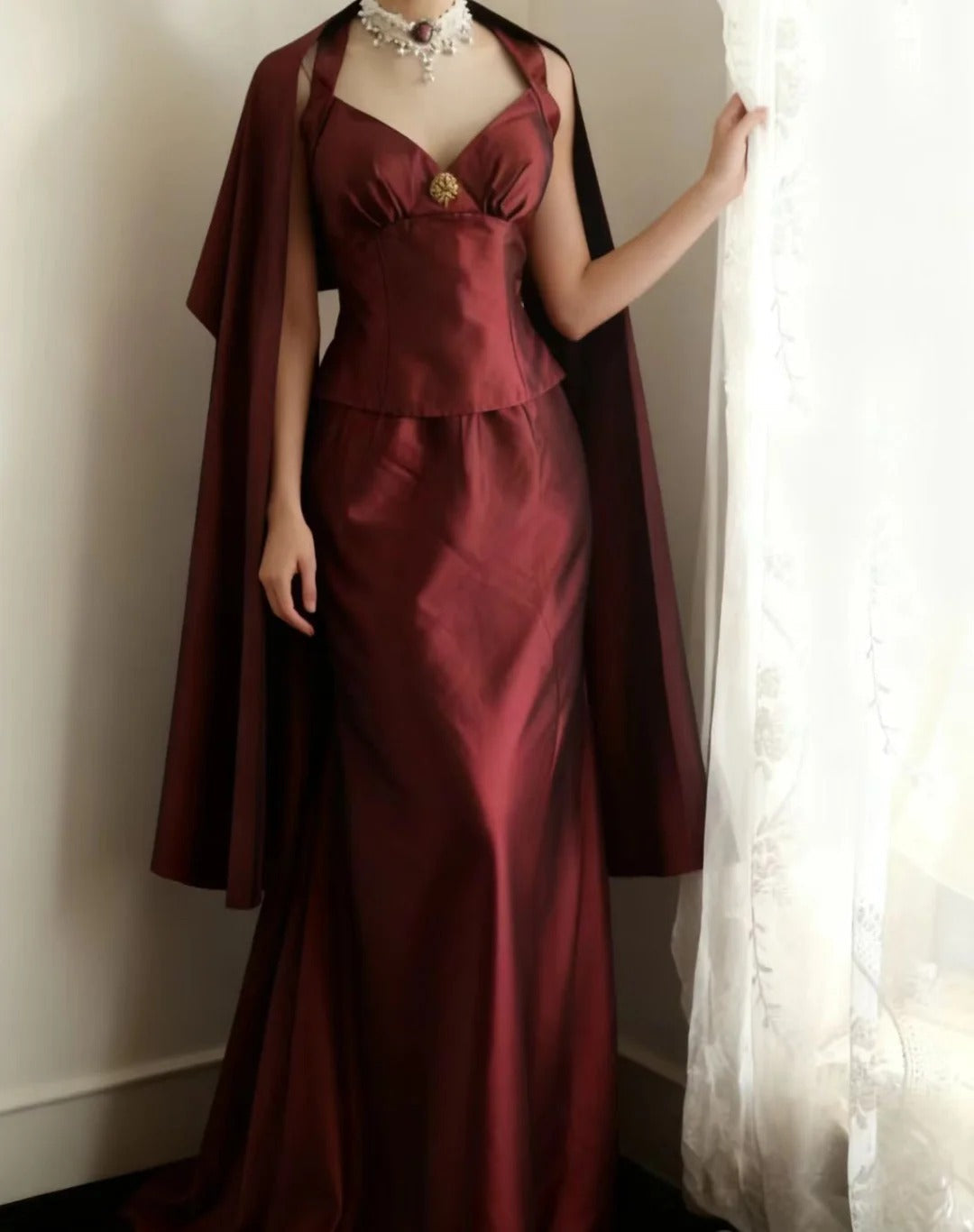 Vintage Burgundy Halter Neck Mermaid Satin Long Prom Dress Evening Dress P4250