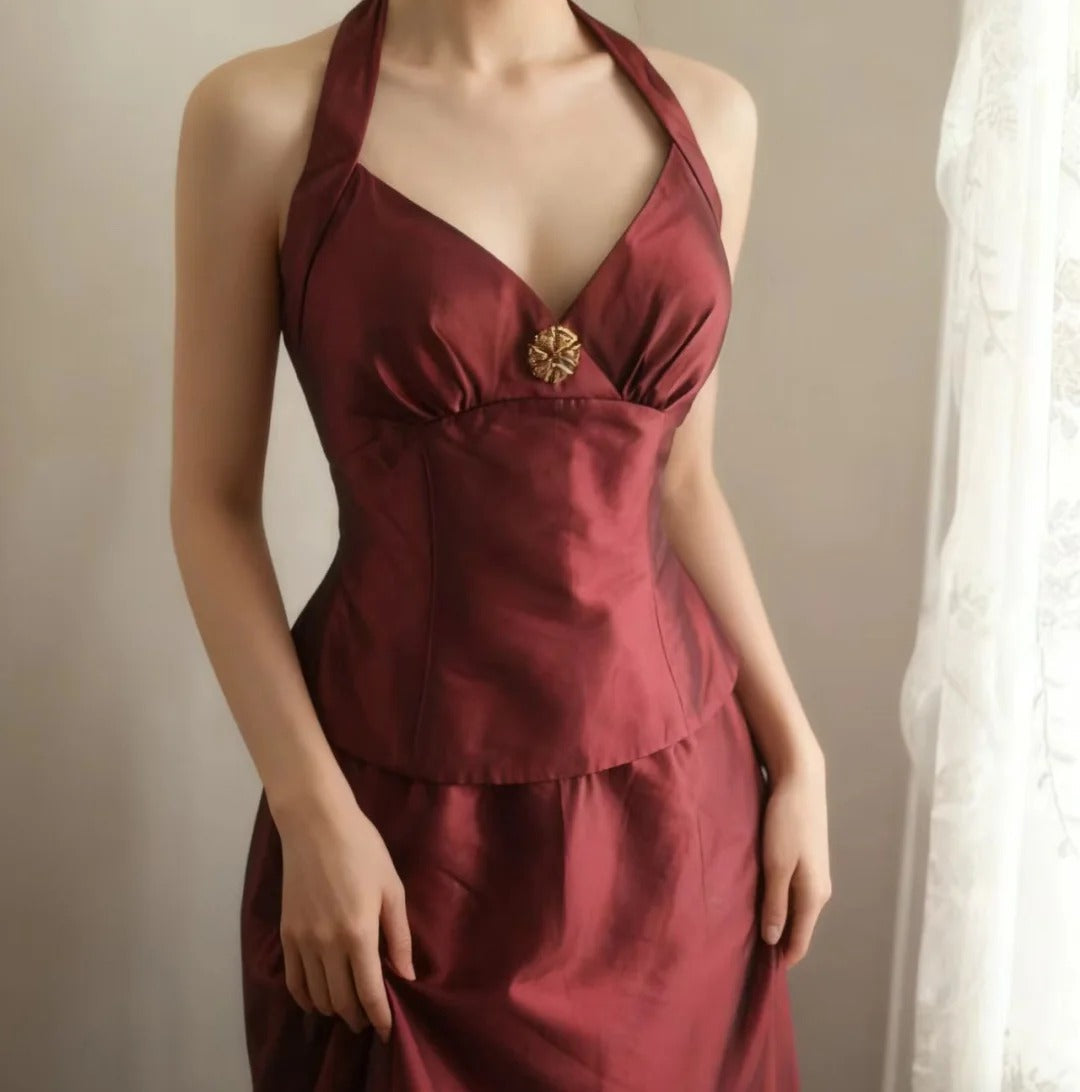 Vintage Burgundy Halter Neck Mermaid Satin Long Prom Dress Evening Dress P4250