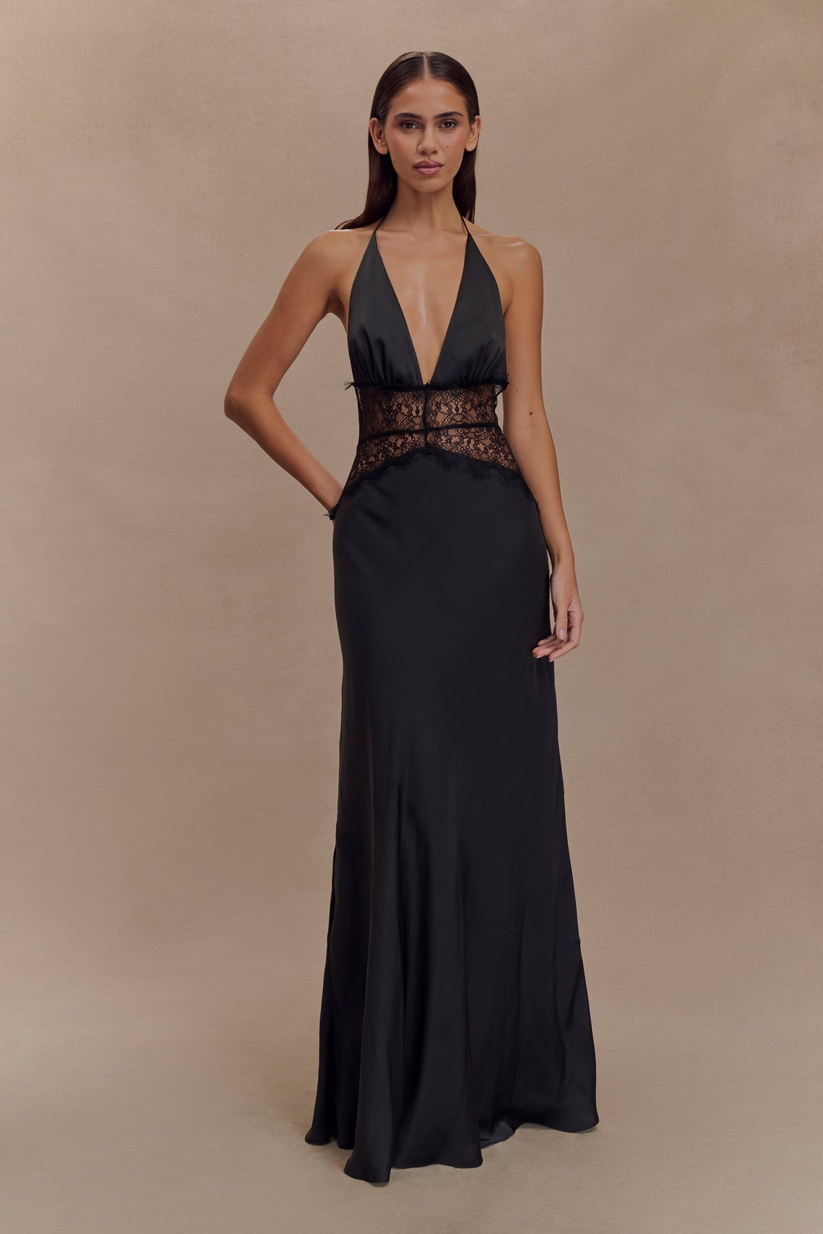 Satin Halter Neck Deep V-Neck Lace Panel Waist Maxi Gown
