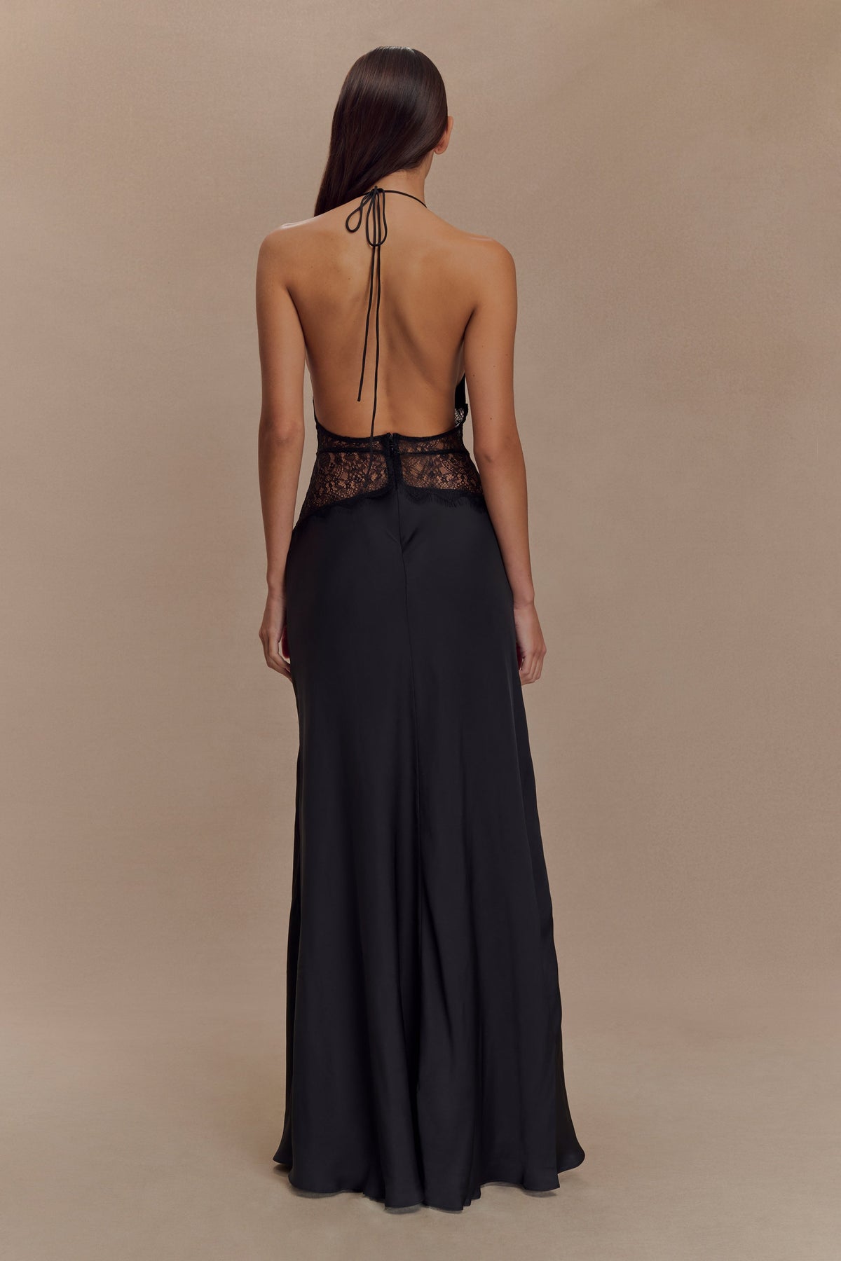 Satin Halter Neck Deep V-Neck Lace Panel Waist Maxi Gown - View 2