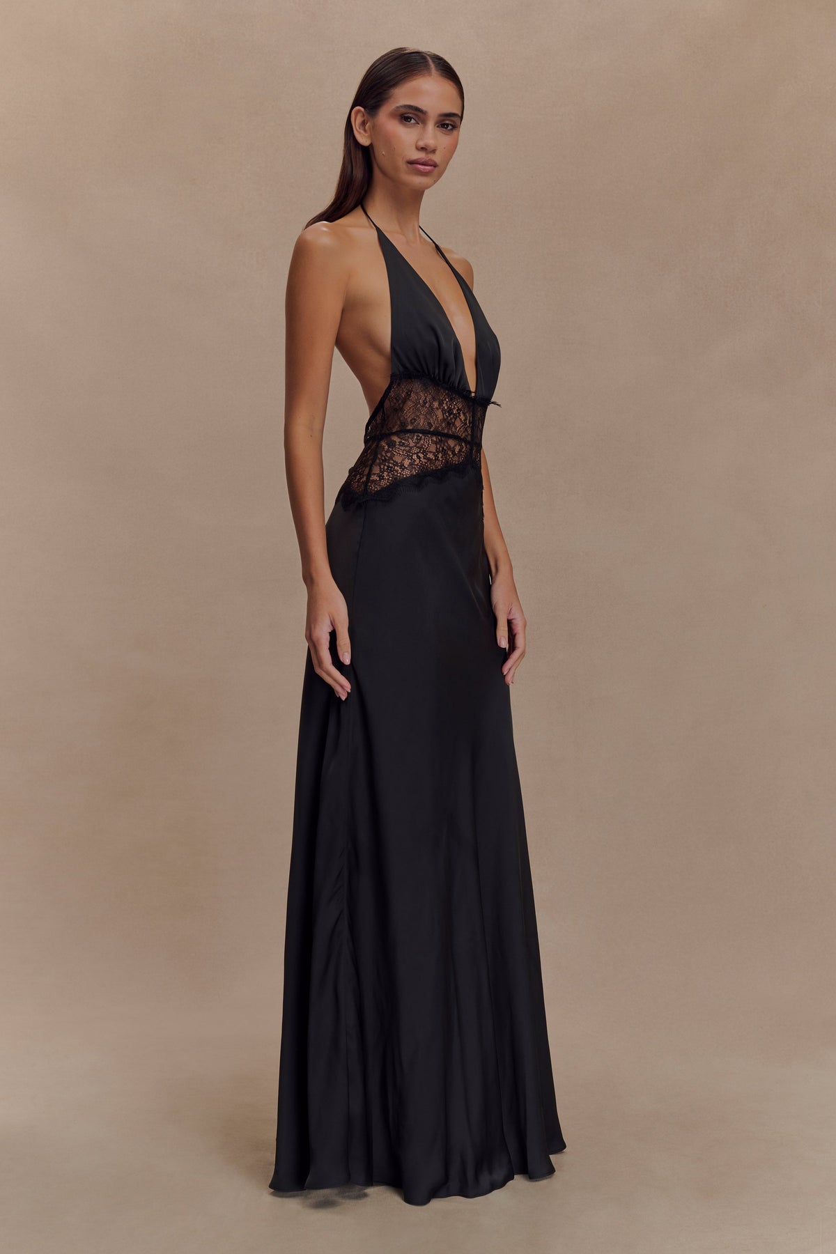 Satin Halter Neck Deep V-Neck Lace Panel Waist Maxi Gown - View 5