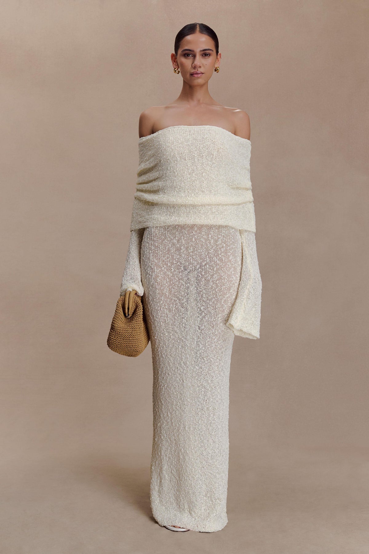 Textured Knit Off Shoulder Long Sleeve Sheer Maxi Dress 4