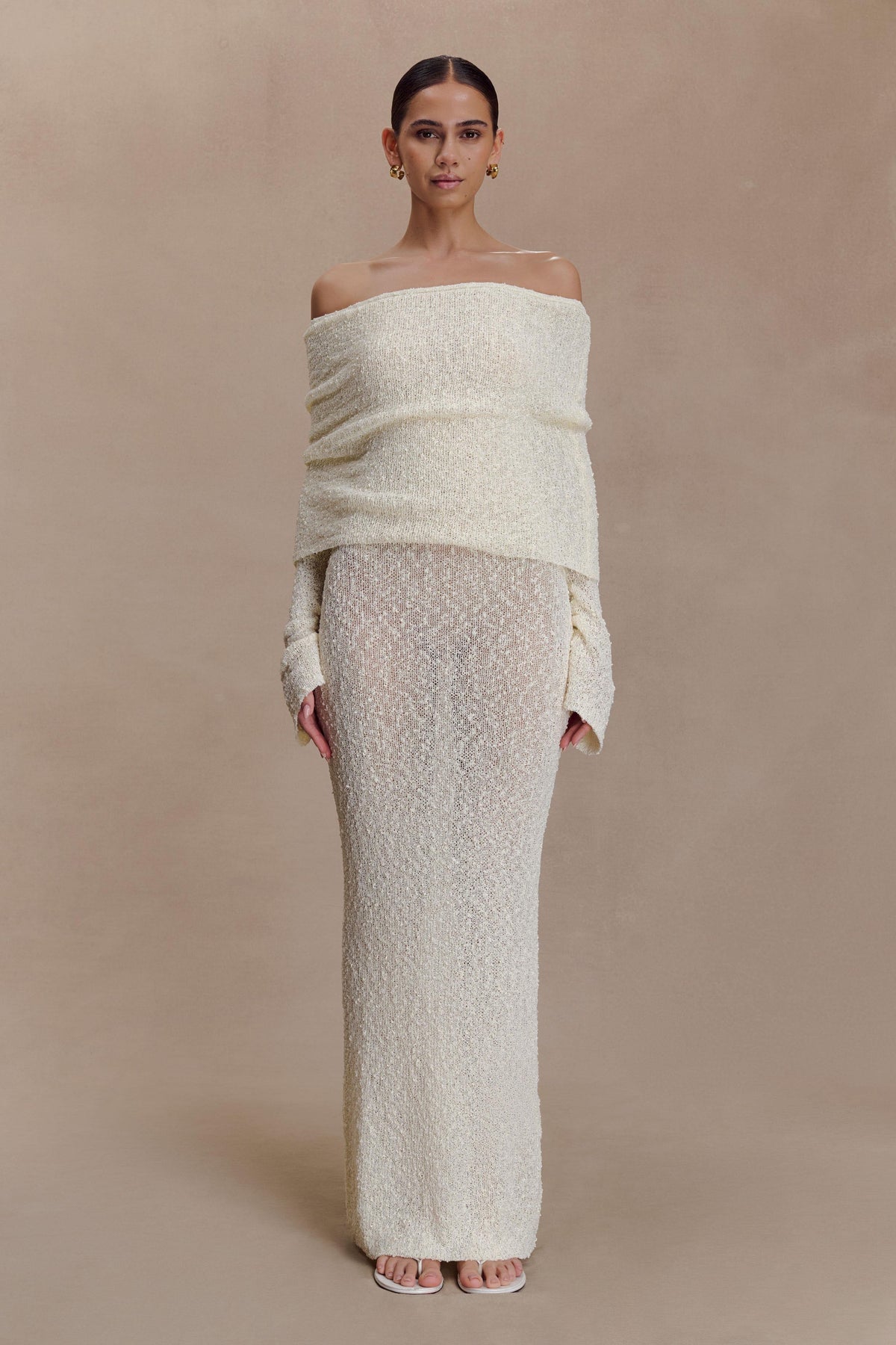 Textured Knit Off Shoulder Long Sleeve Sheer Maxi Dress