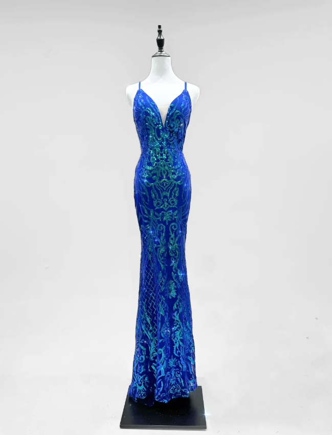 Luxurious Royal Blue Mermaid V-neck Sequined Long Prom Dress Evening Dress P4251