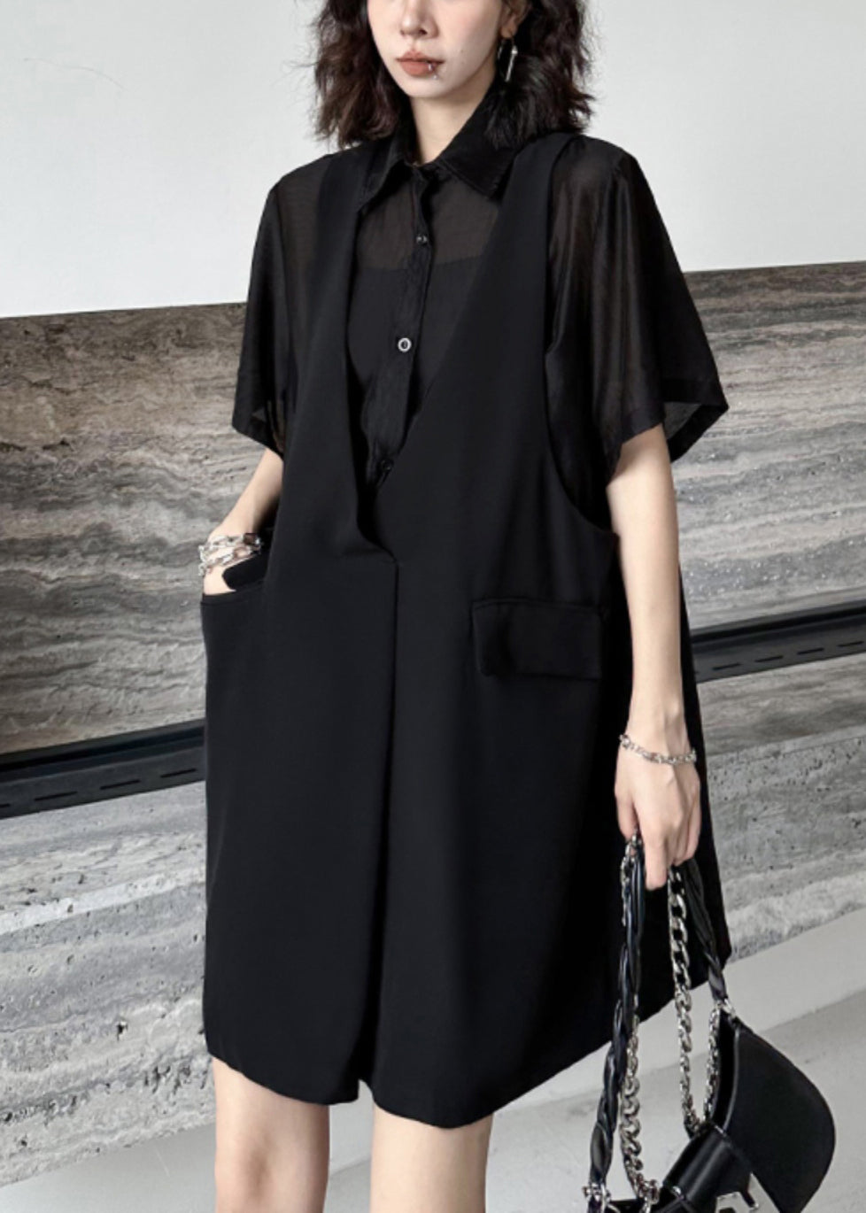 Faux Two-Piece Sheer Button Front Shirt Sleeveless Midi Dress