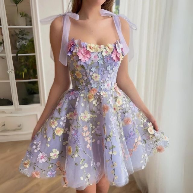Floral Appliqué Corset Bodice Ribbon A-Line Mini Cocktail Dress
