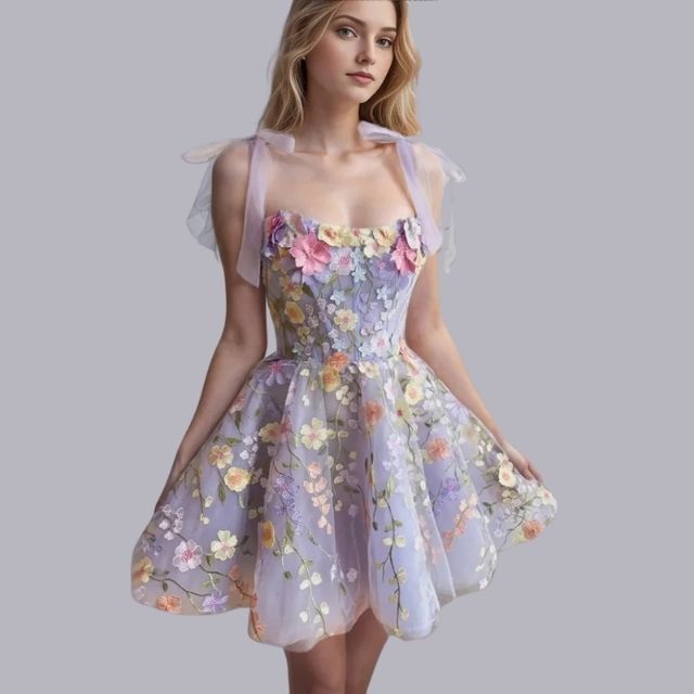 Floral Applique Tulle Puff Sleeve Corset A-Line Mini Dress - View 12