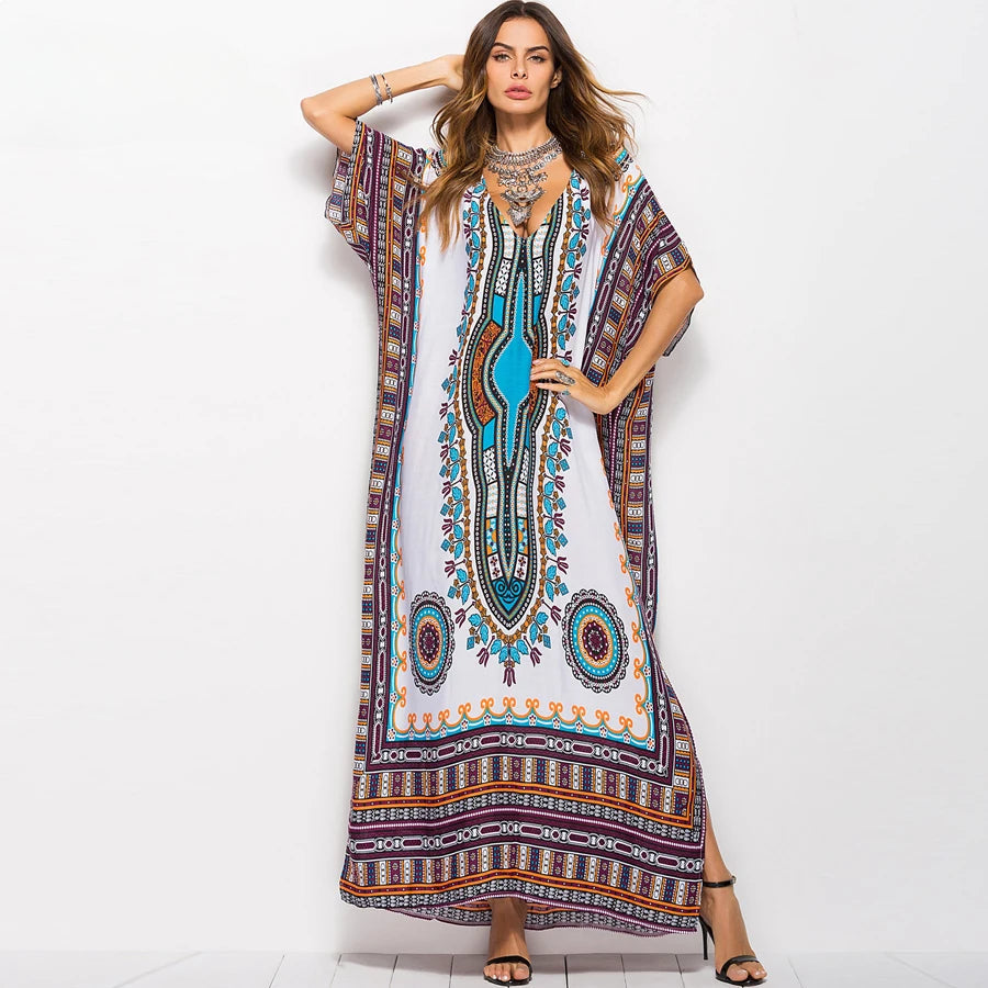 Ethnic Print V-Neck Batwing Sleeve Kaftan Maxi Dress