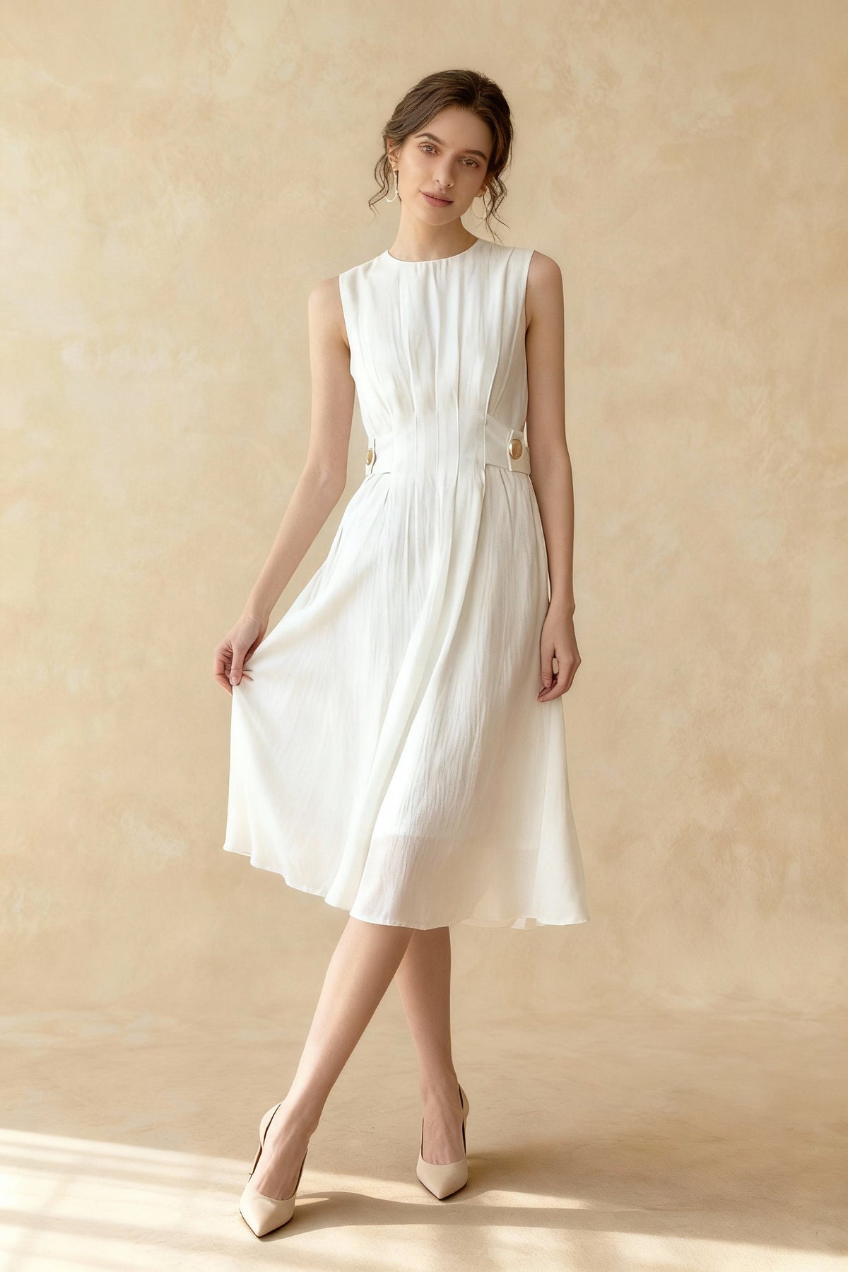 Pleated Crew-Neck Sleeveless A-Line Midi Dress