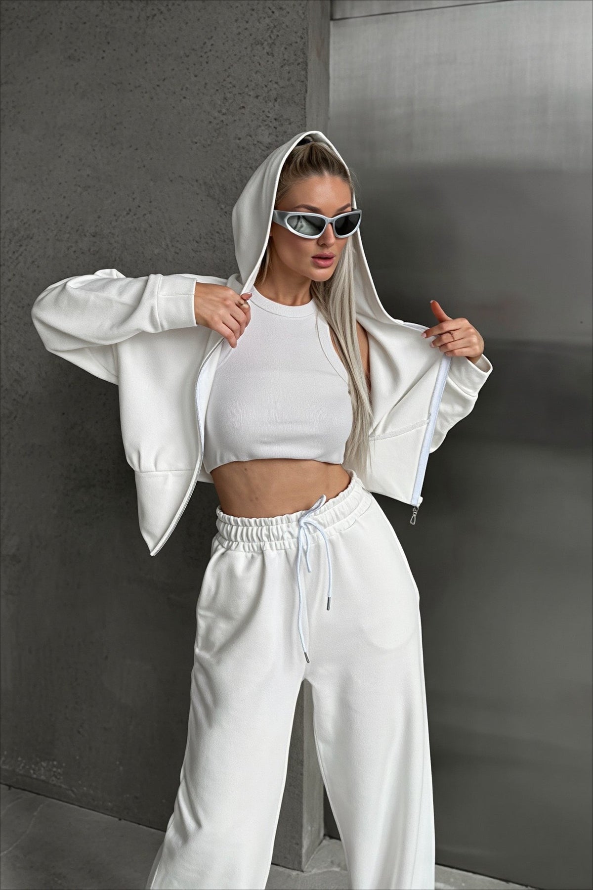 Solid Cropped Zip Front Wide Leg Hoodie Set