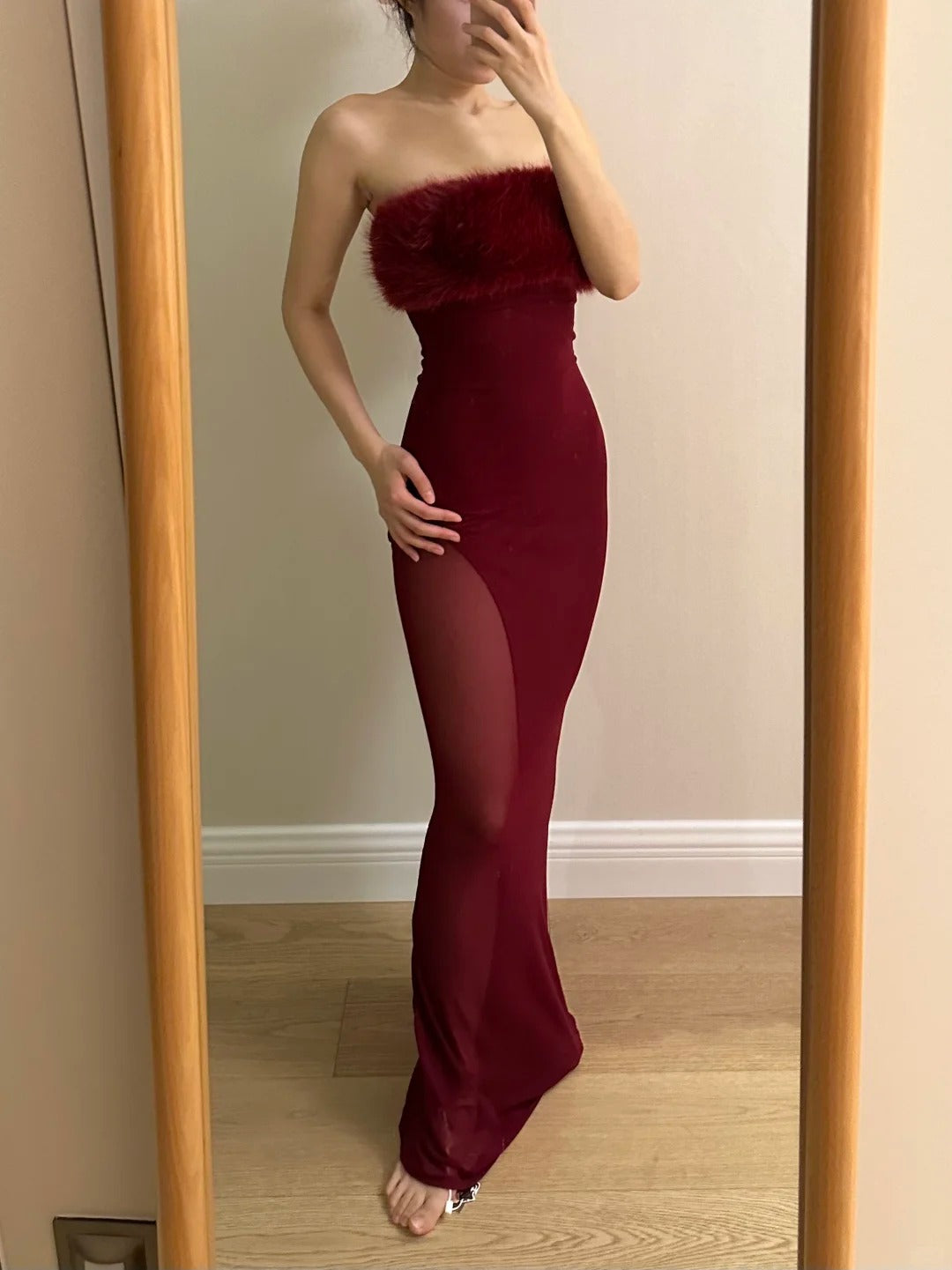 Sexy Burgundy Mermaid Strapless Mesh Long Prom Dress Evening Dress P4256
