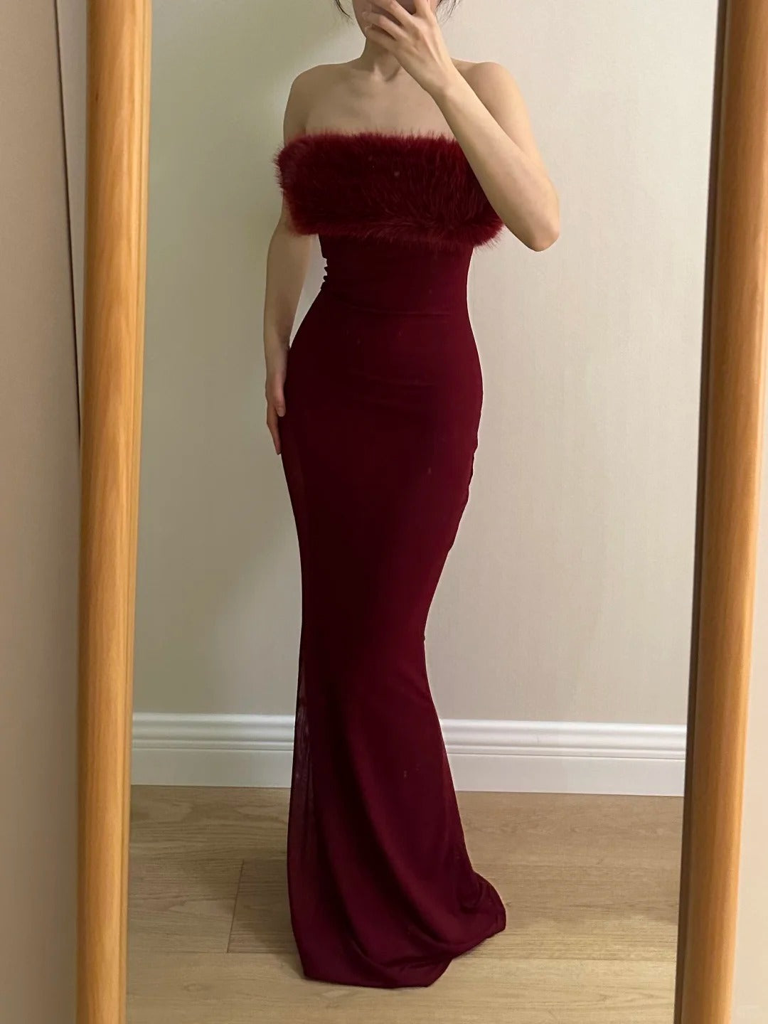 Sexy Burgundy Mermaid Strapless Mesh Long Prom Dress Evening Dress P4256