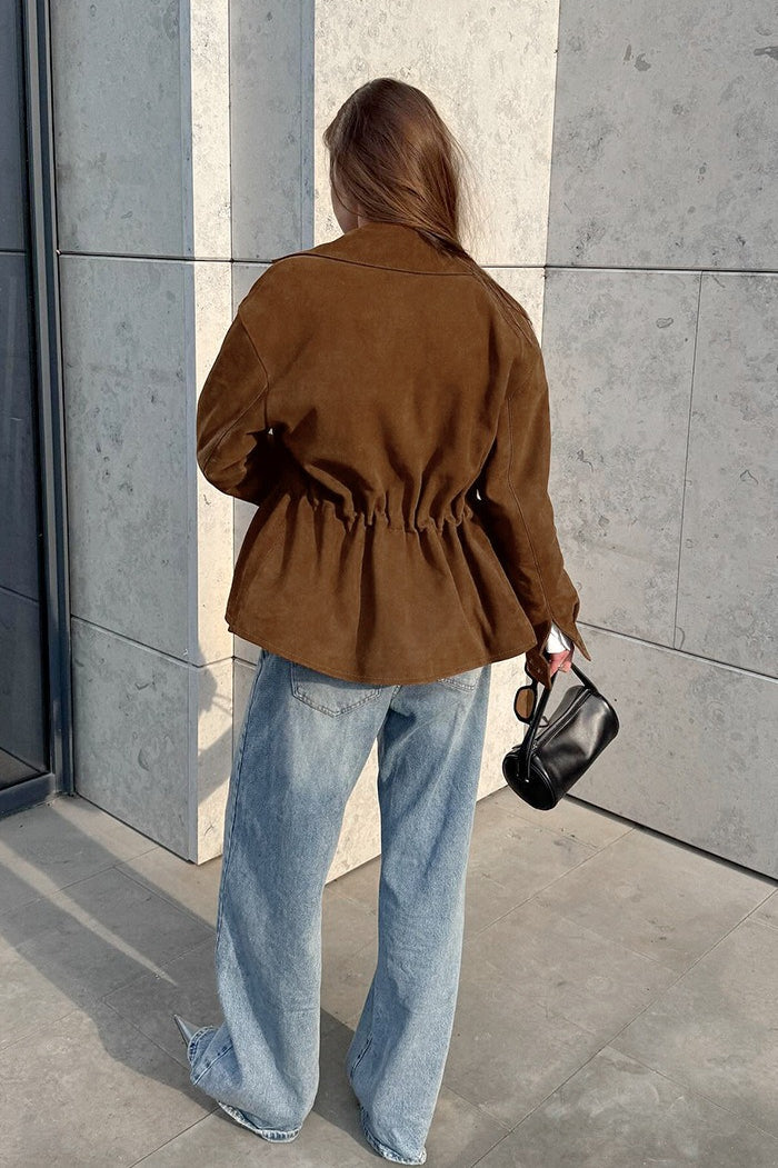 Cinched Waist Faux Suede Utility Jacket