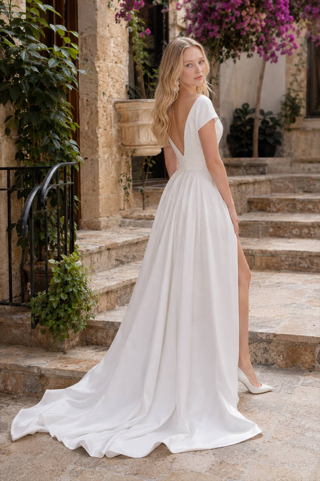 Satin Off-Shoulder V-Neck Cap-Sleeve A-Line Bridal Gown