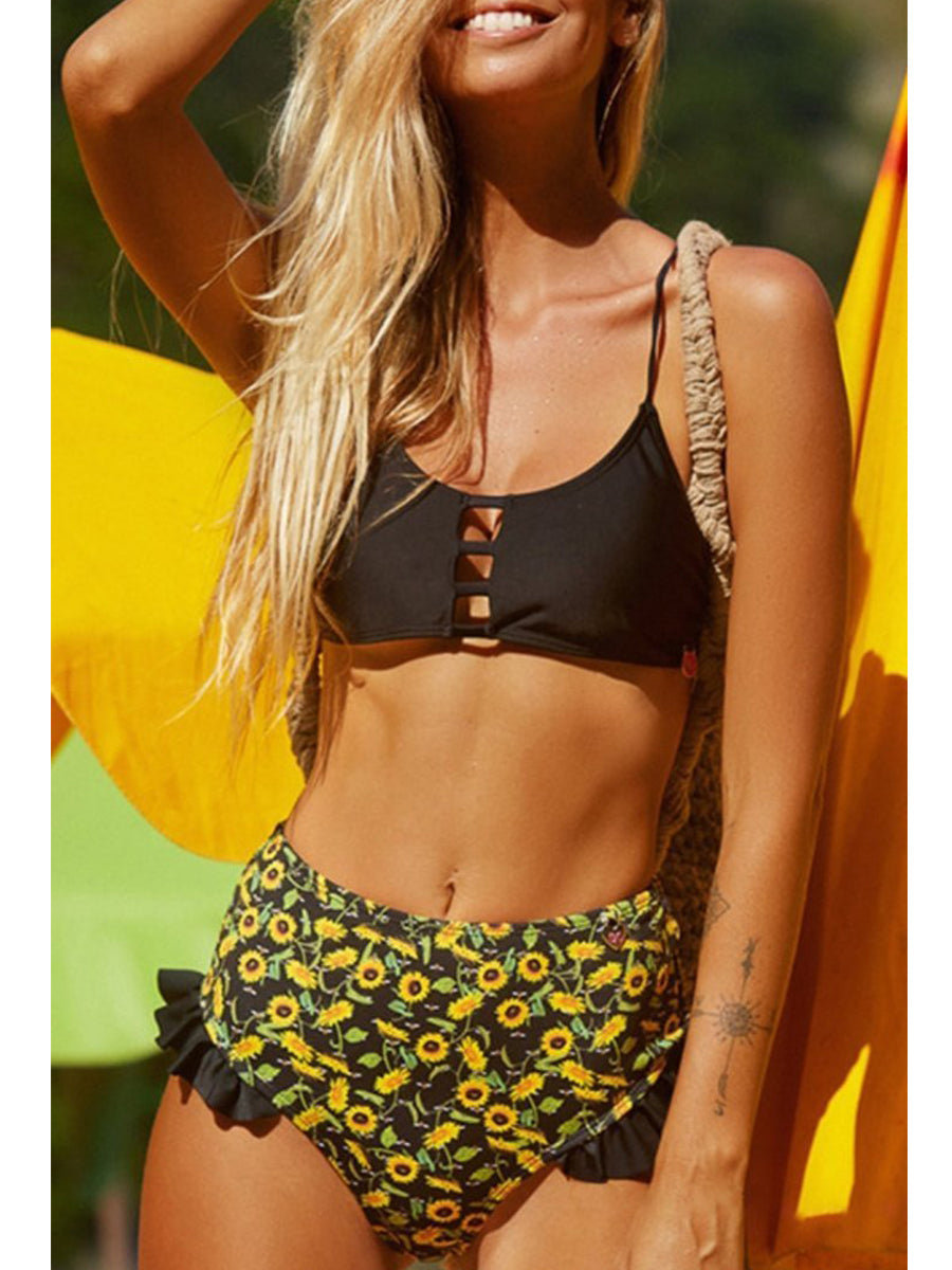 Floral Printed Bandage Hollow-out Design Yellow Bikini Set - Fashionpara