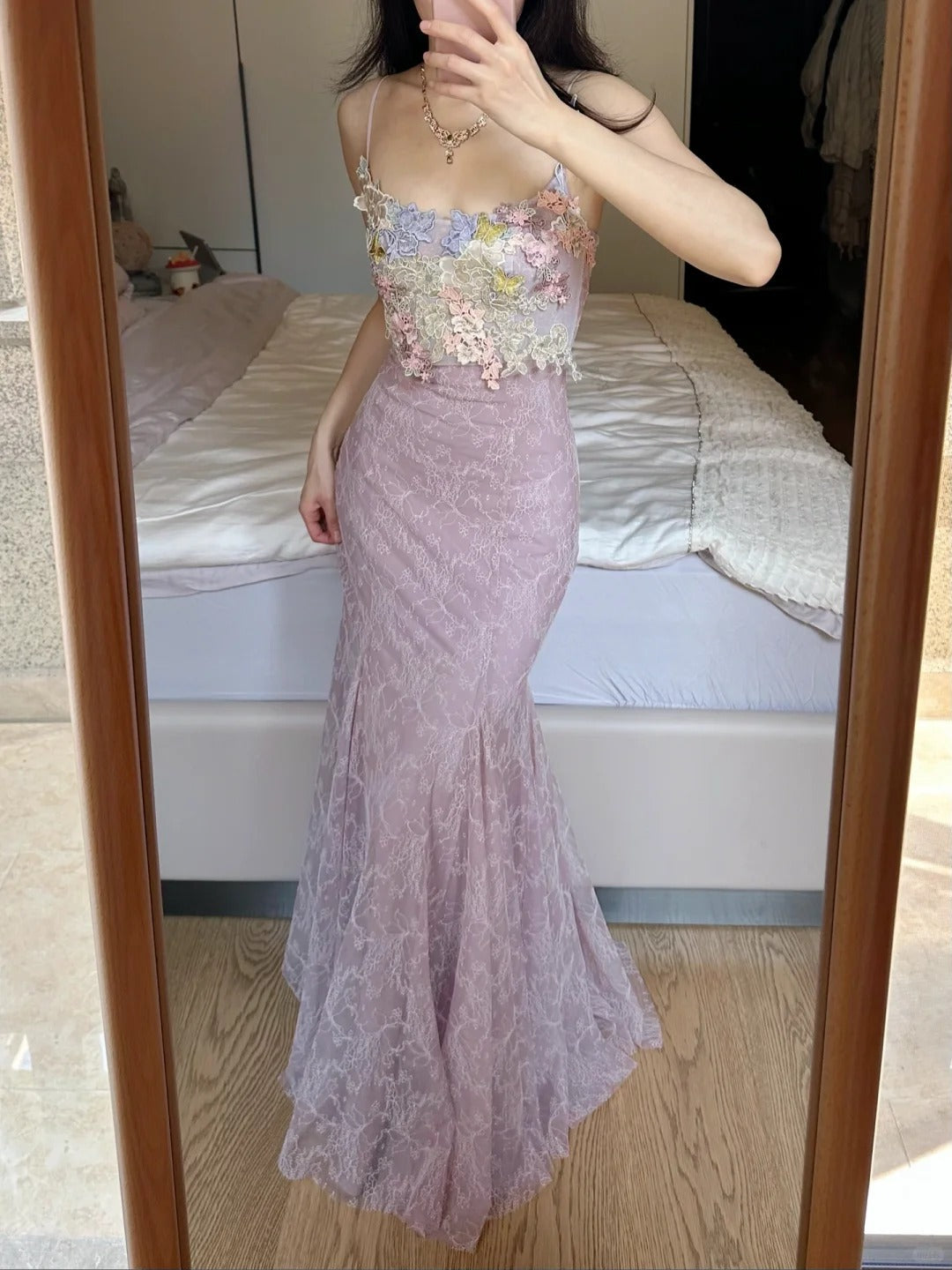 Elegant Light Purple Mermaid Square Neck 3D Floral Lace Long Prom Dress Evening Dress P4258