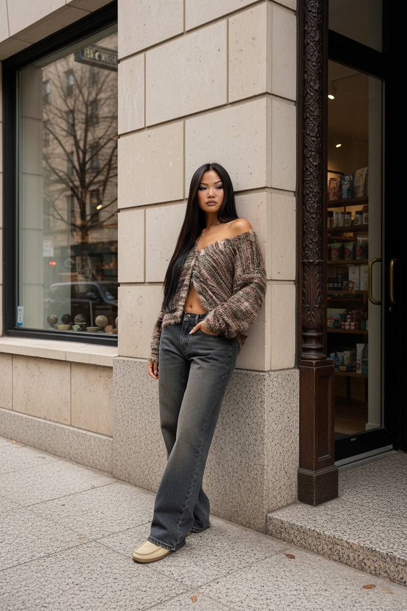 New Retro Fashion Deep V-Neck Maillard Plush Long-Sleeve Knit Cardigan - Fashionpara