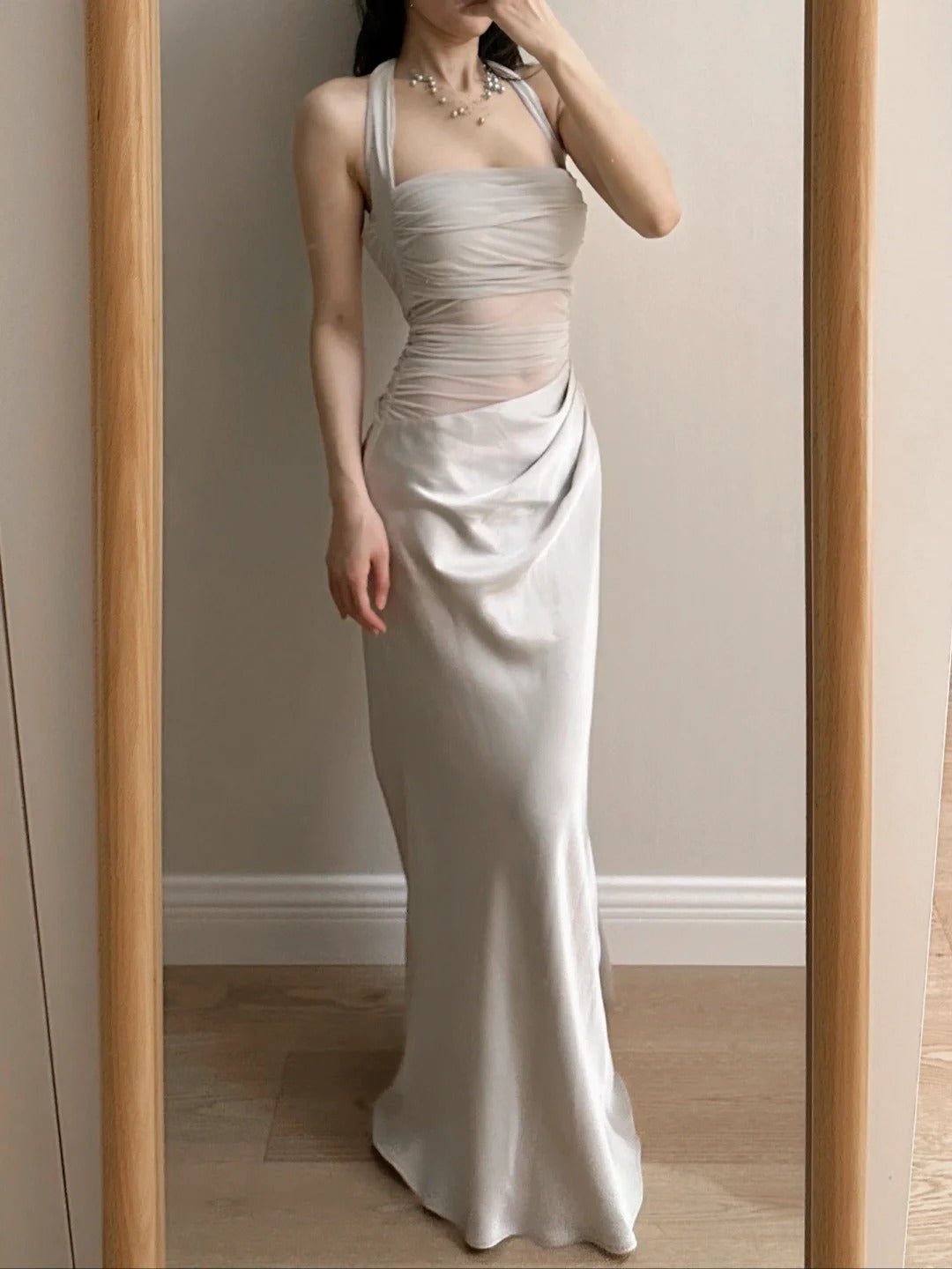 Elegant Grey Mermaid Halter Neck Square Neck Satin Tulle Long Prom Dress Evening Dress P4259