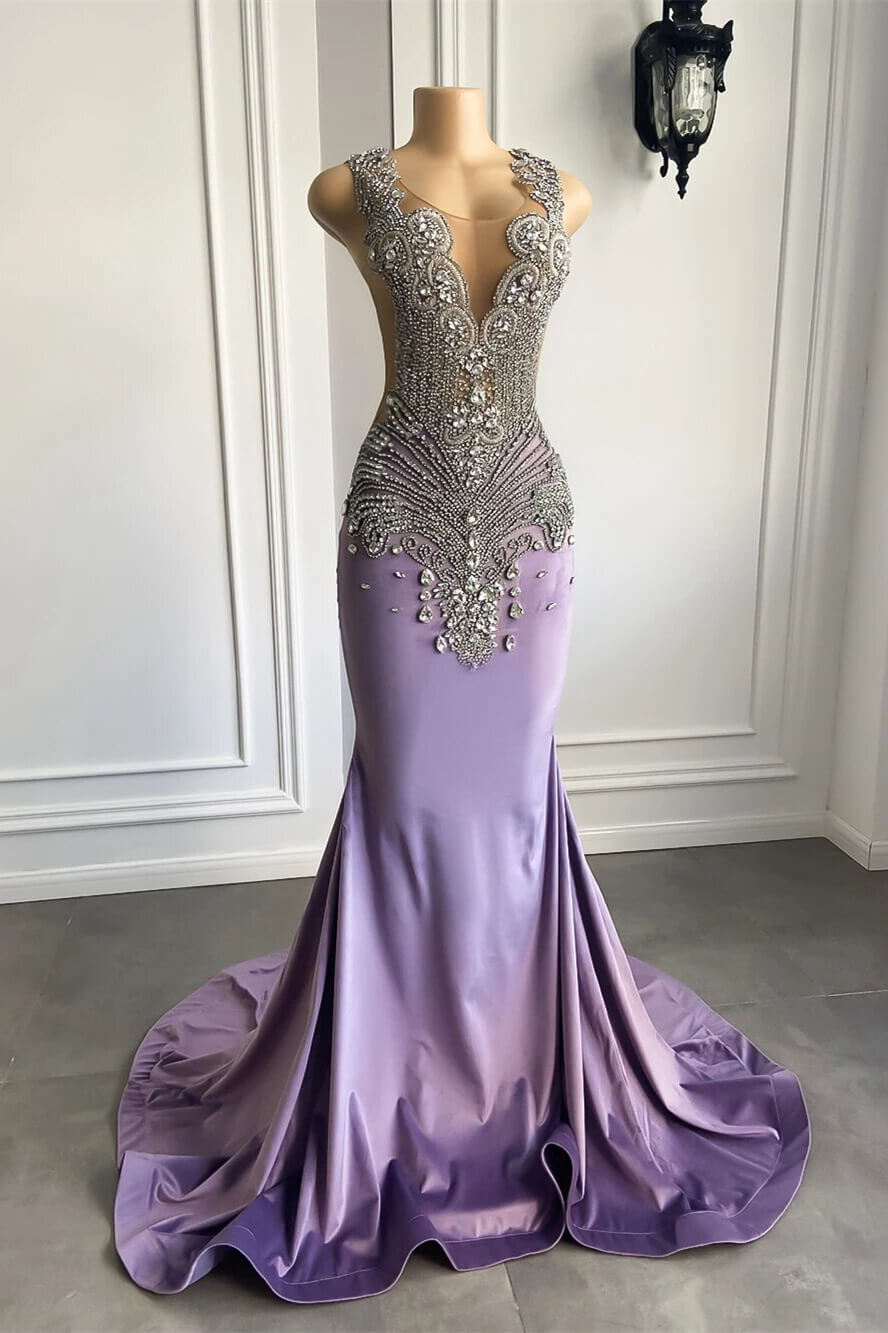 Elegant Lilac Mermaid Prom Dresses with Scoop Neckline Sleeveless and Crystal Beadings - Fashionpara