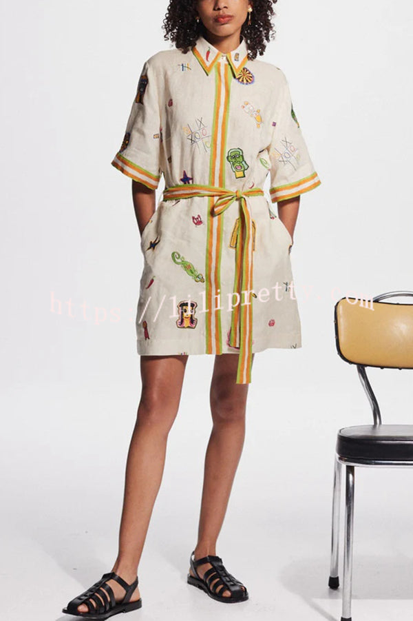 Britt Linen Blend Unique Printed Short Sleeved Pocket Tie Waist Mini Dress - Fashionpara