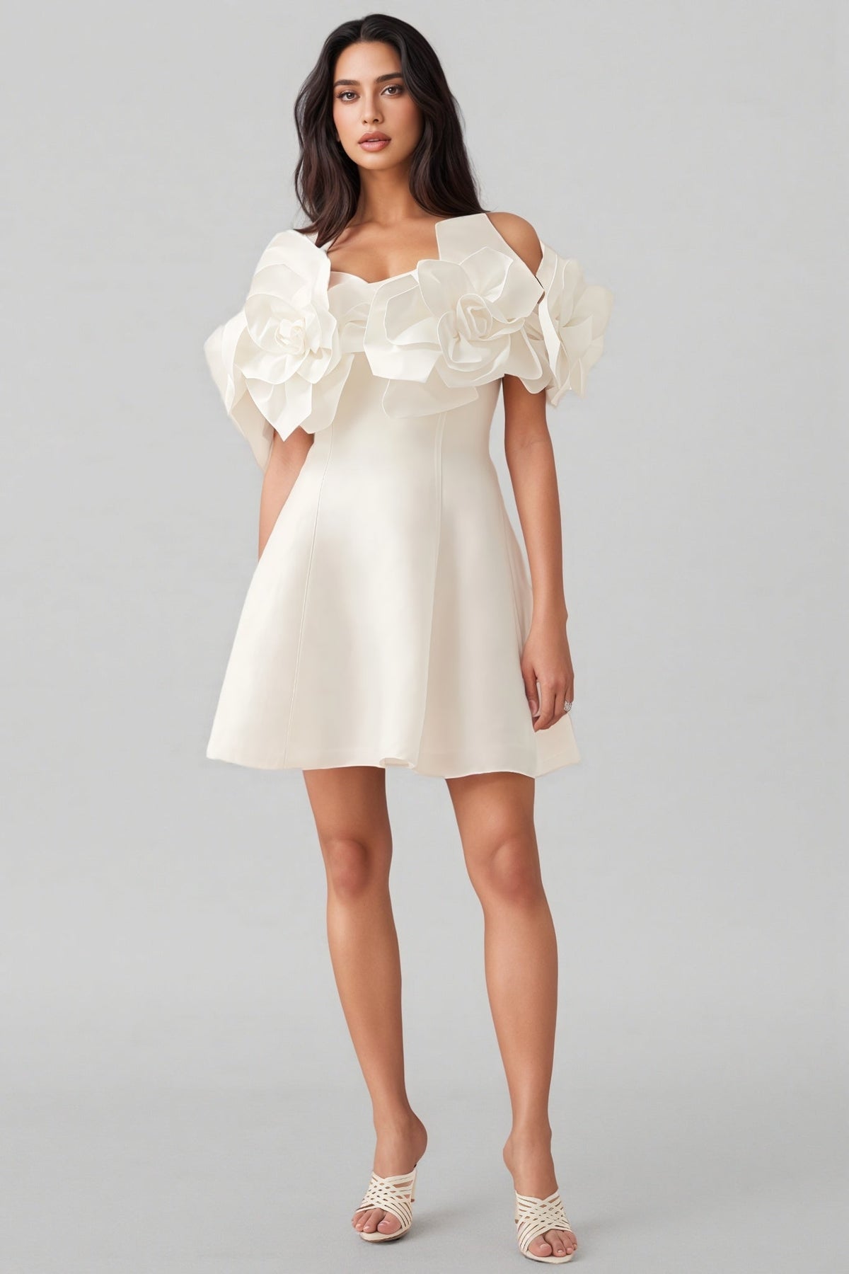 Satin 3D Rose Off Shoulder Fit and Flare Mini Dress