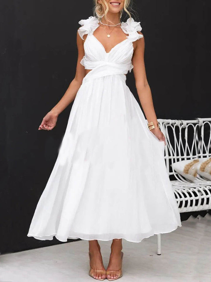 Floral Ruffle Detail Back Lace-Up Elastic Waist Maxi Dress - Fashionpara