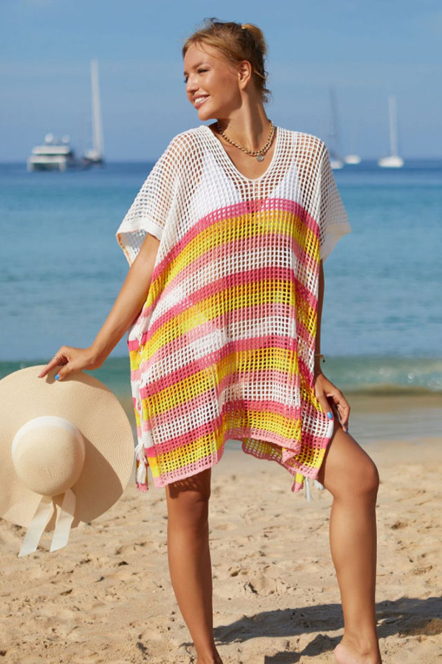 Rainbow Stripe Openwork Slit Cover Up - Fashionpara