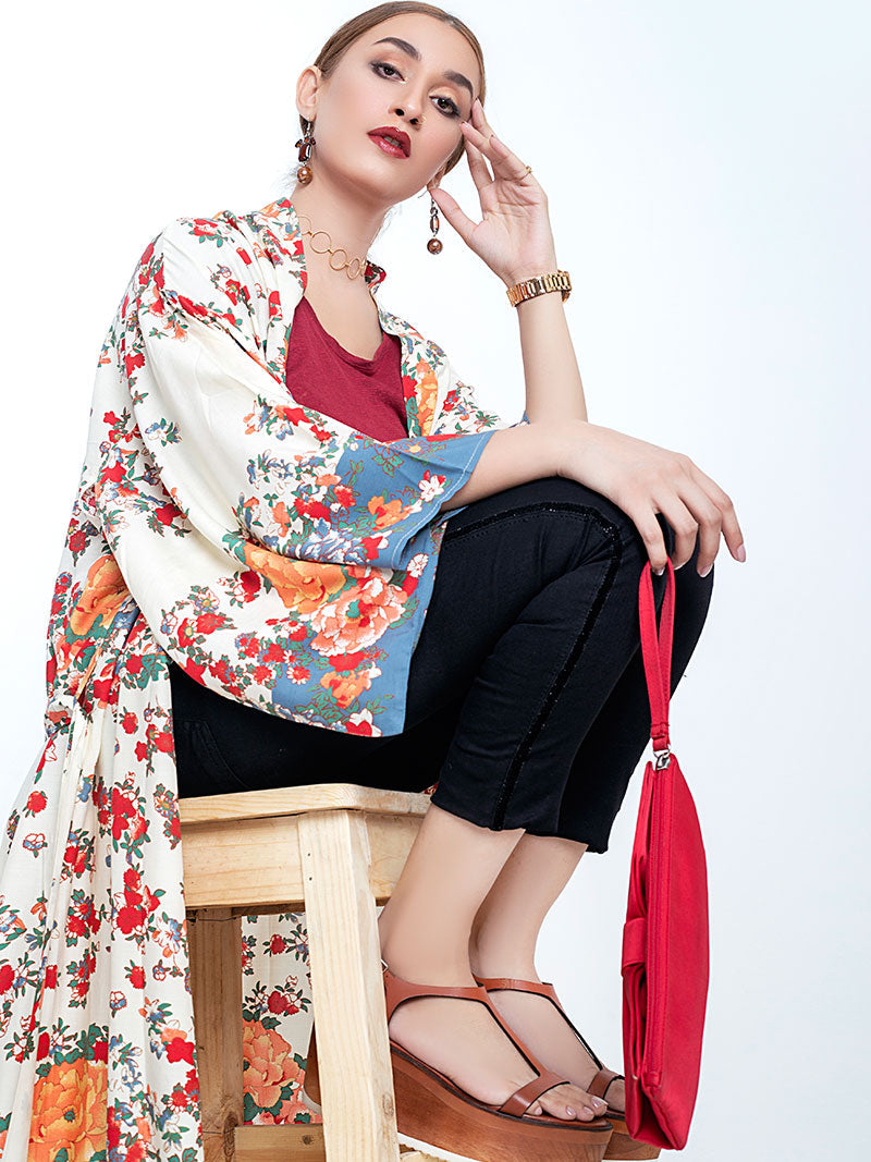 Beachwear Kimono Floral Bohemian Print Beige Color Cotton Long Length Gown Kimono Duster Robe 4