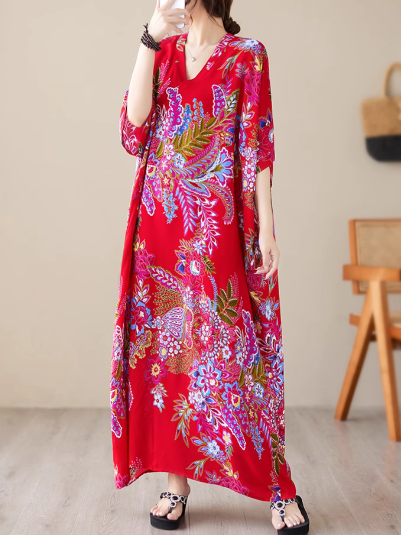 Paisley Print V-Neck Short Sleeve Kaftan Maxi Dress 9