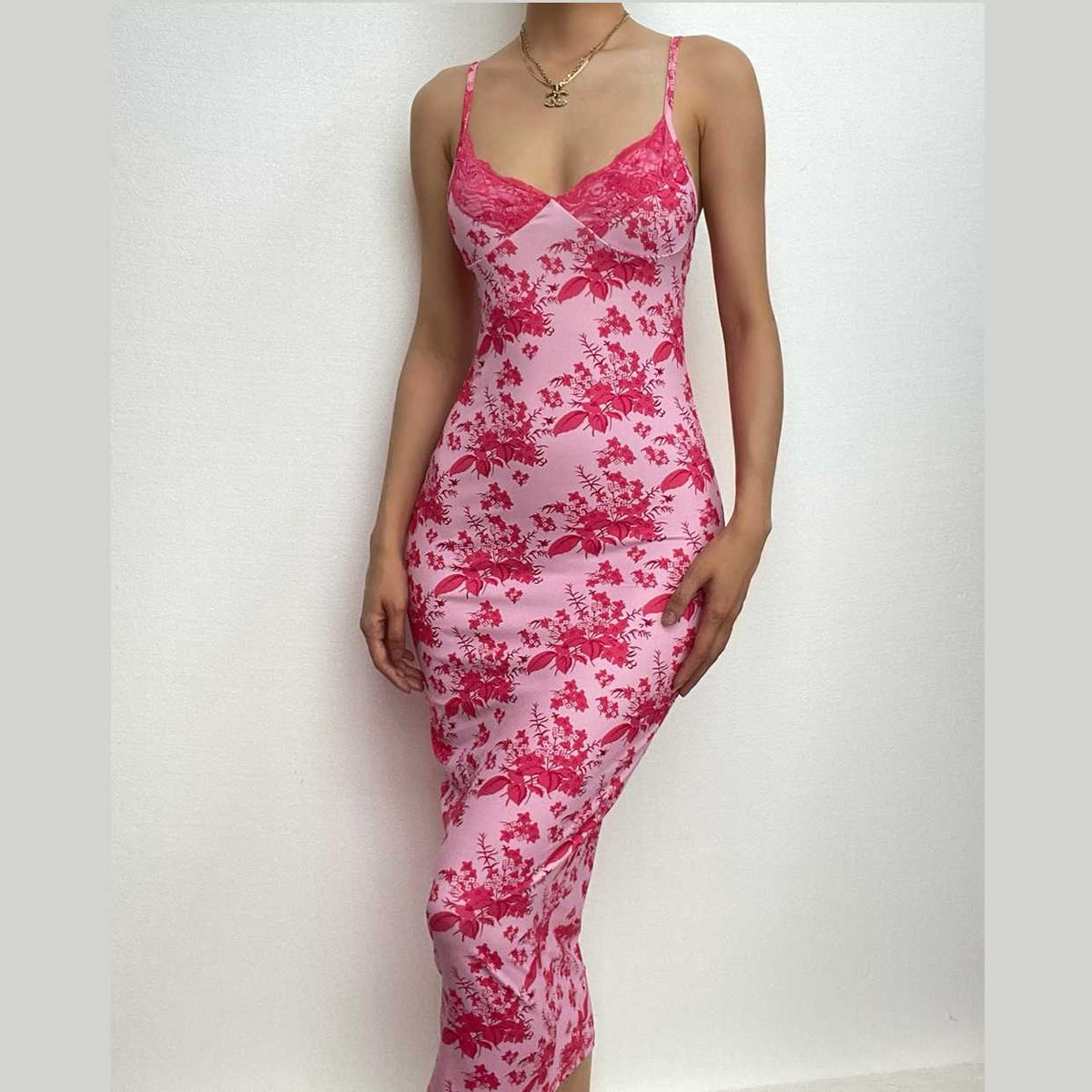 Floral Print Lace Trim V-Neck Spaghetti Strap Bodycon Midi Dress