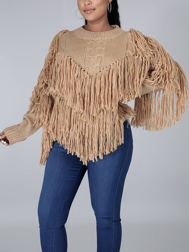 Tassel Fringe Cable Knit Sweater