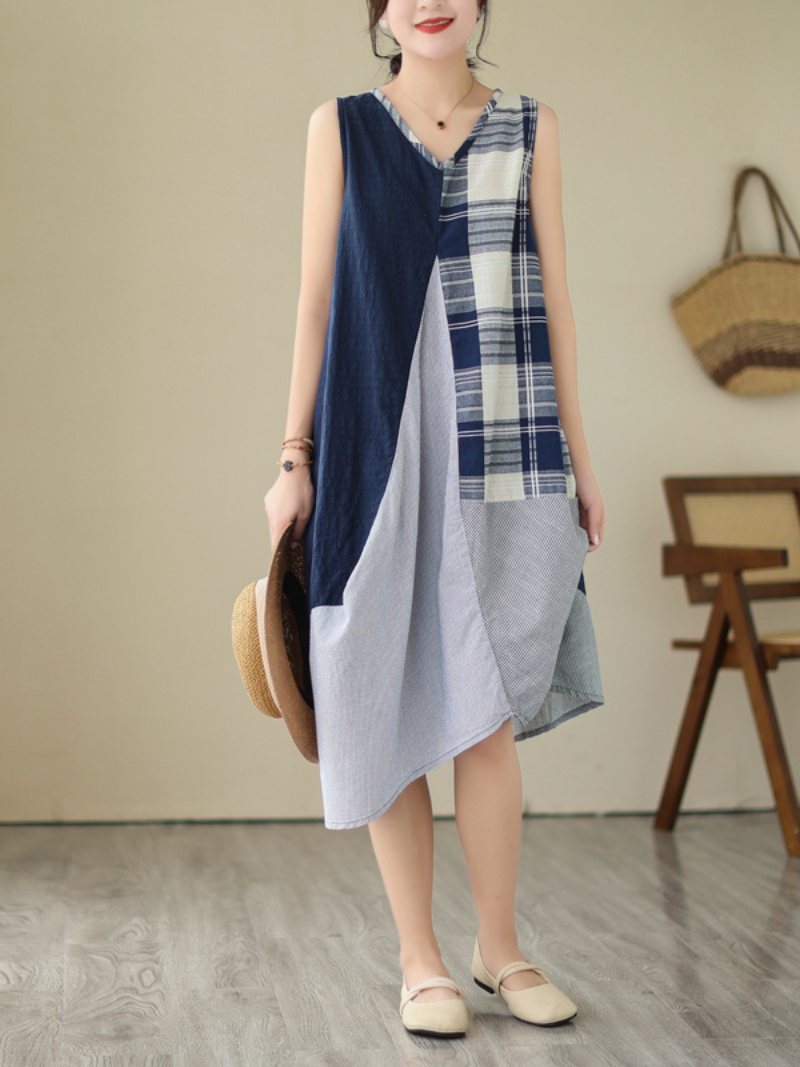 Plaid Patchwork V-Neck Sleeveless Cocoon Midi Dress 7