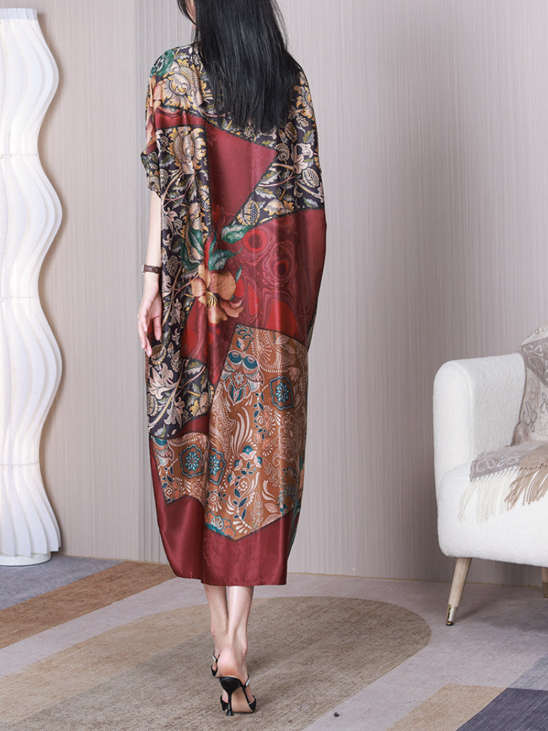 Floral Print V-Neck Batwing Sleeve Button Cocoon Midi Dress 5