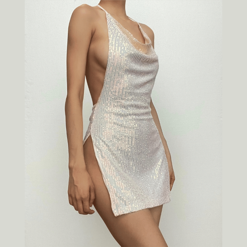 Glitter Cowl Neck Halter Backless High Split Bodycon Mini Dress