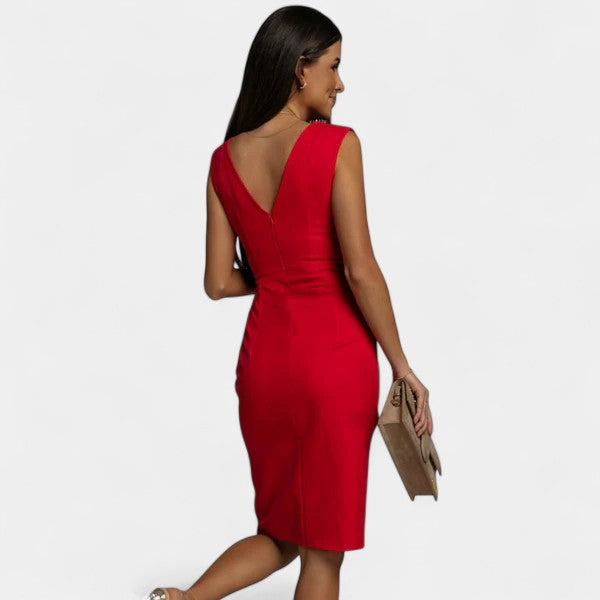 Surplice V-Neck Sleeveless Ruched Front Split Bodycon Midi Dress 2