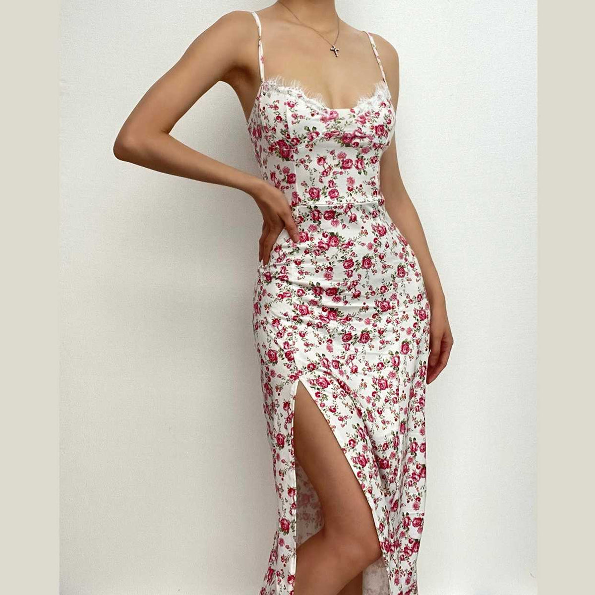 Floral Print Sweetheart Lace Trim High Split Slip Maxi Dress